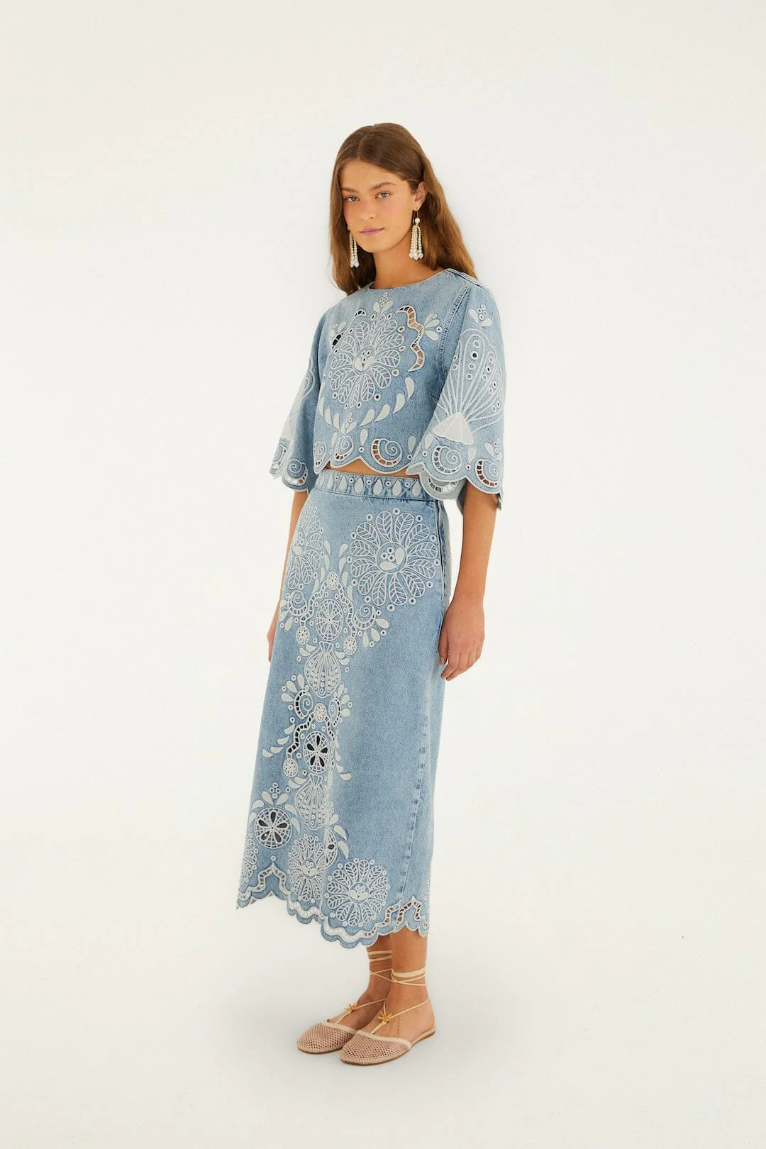 FARM Rio Denim Richelieu Wavy Hem Midi Skirt