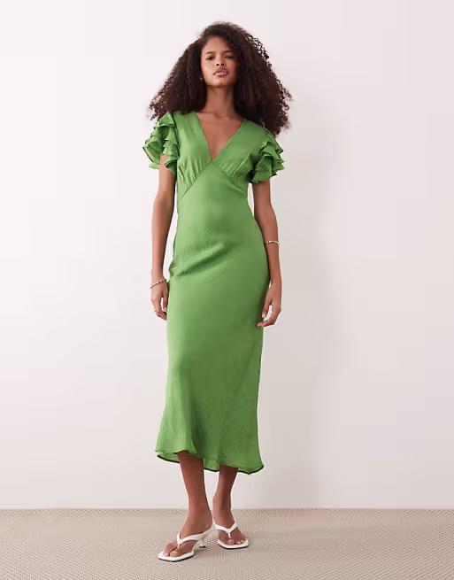 Nobody's Child Layla ruffle cap sleeve v-neck midi dress in green