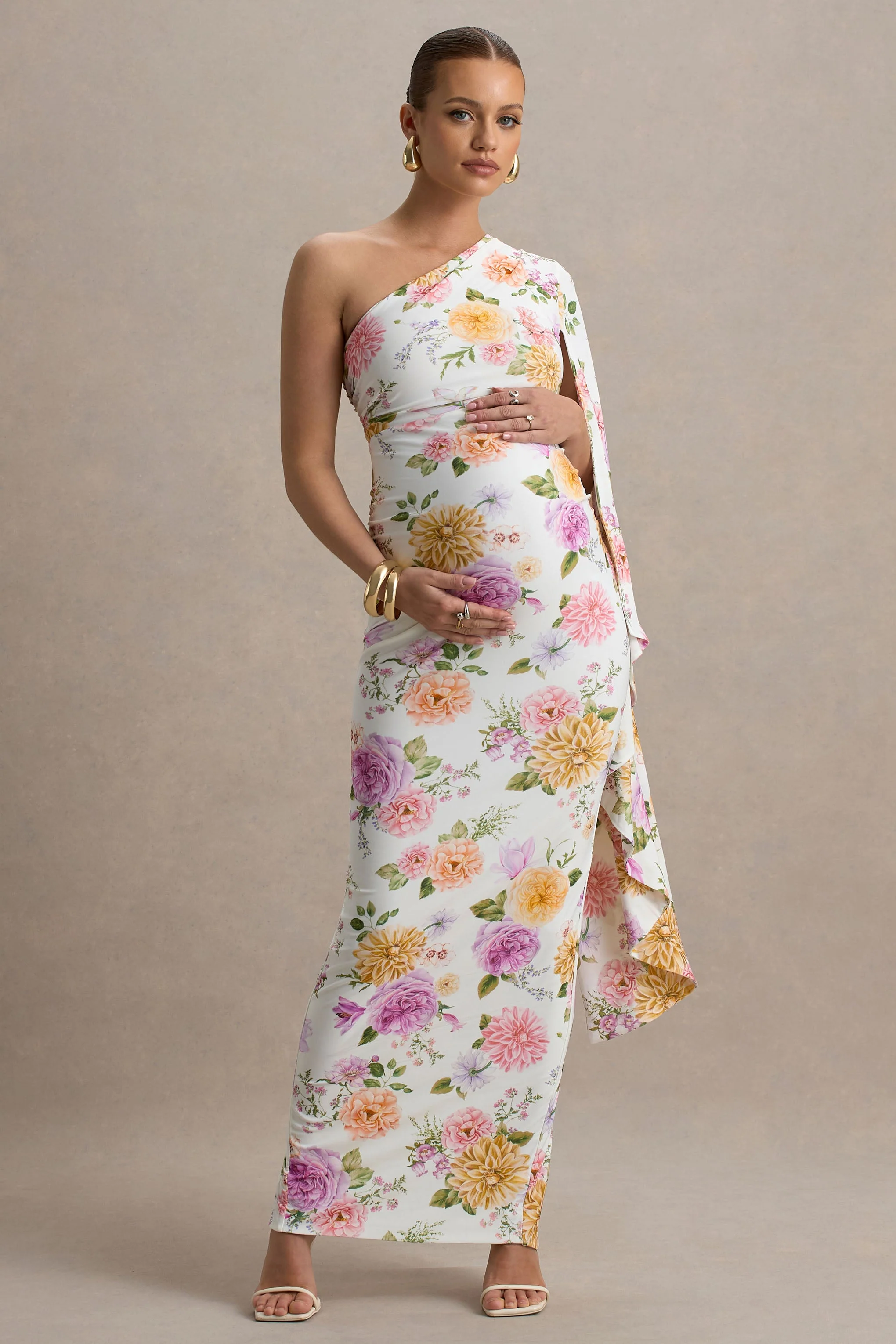Aliana | Peach And Lilac Floral Print Asymmetric Maternity Maxi Dress With Ruched Detailing