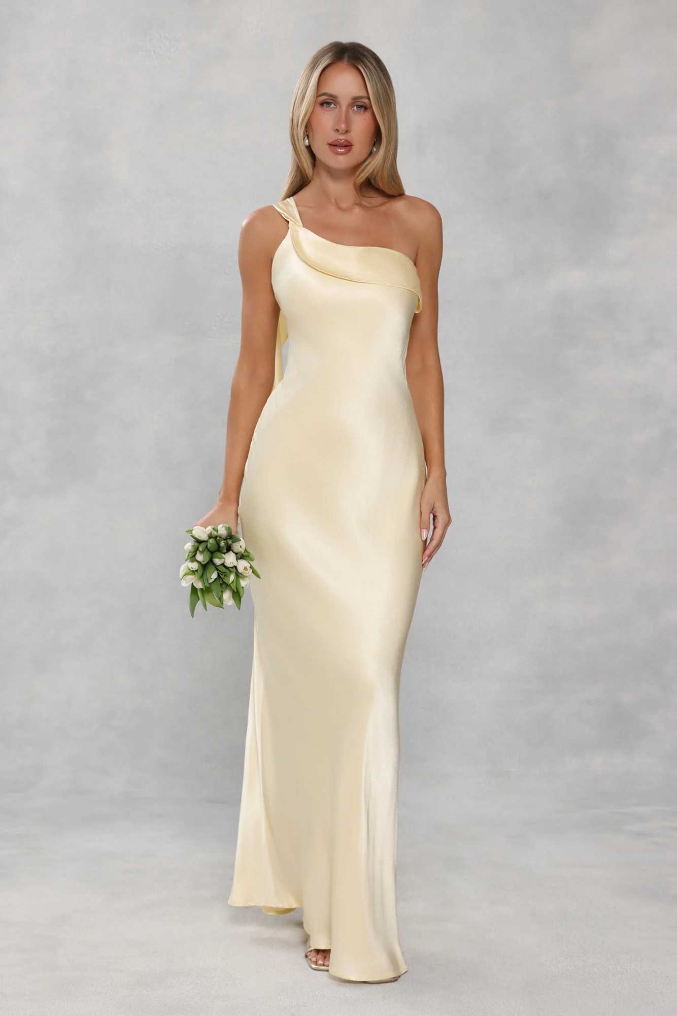 The Zafira One Shoulder Satin Maxi Dress Yellow