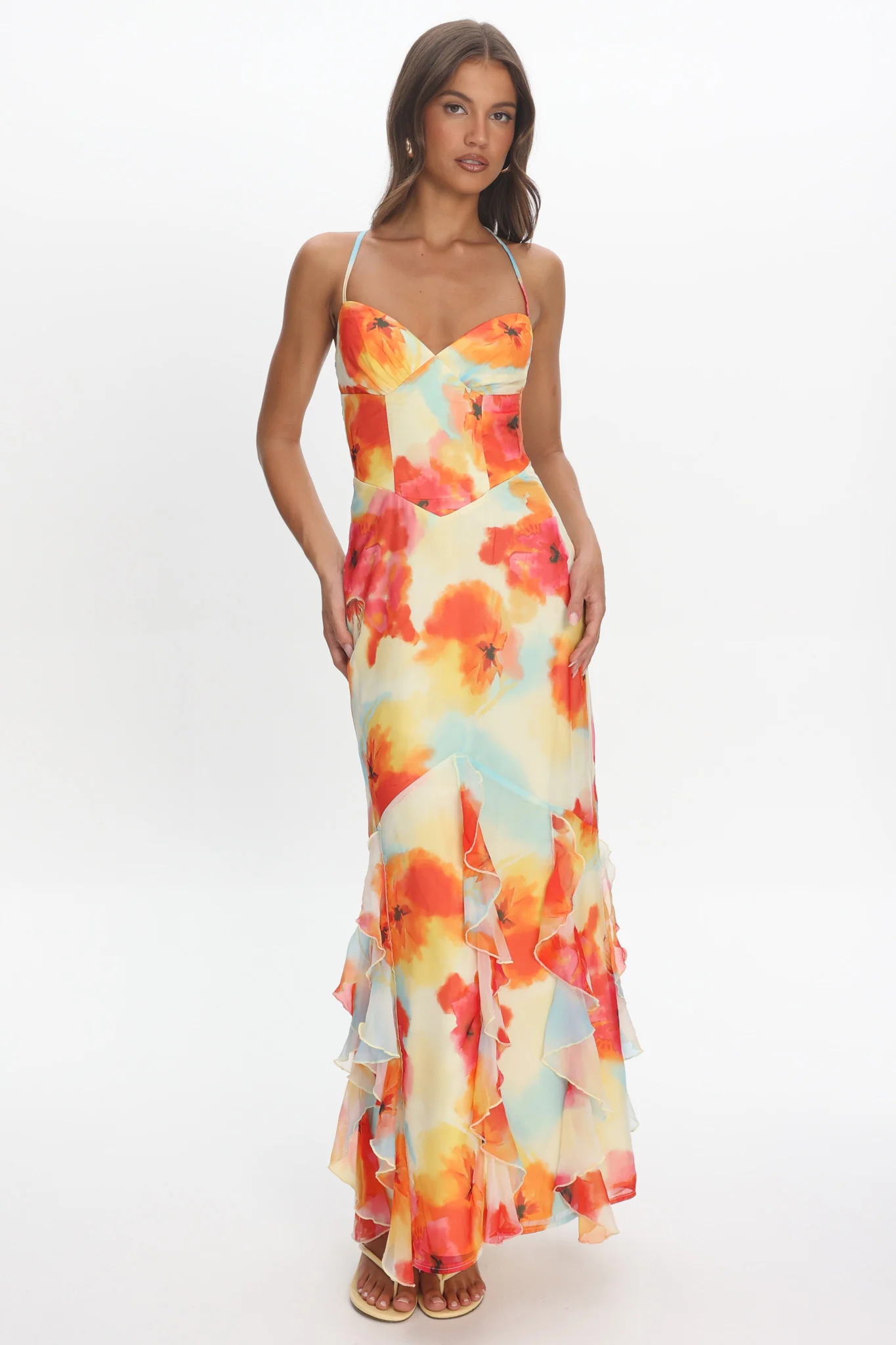Charlisa Watercolour Floral Halter Maxi Dress Orange