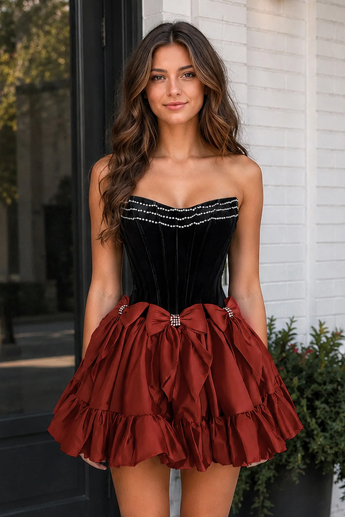 Fuchsia Strapless A Line Velvet Homecoming Dresses With Bow