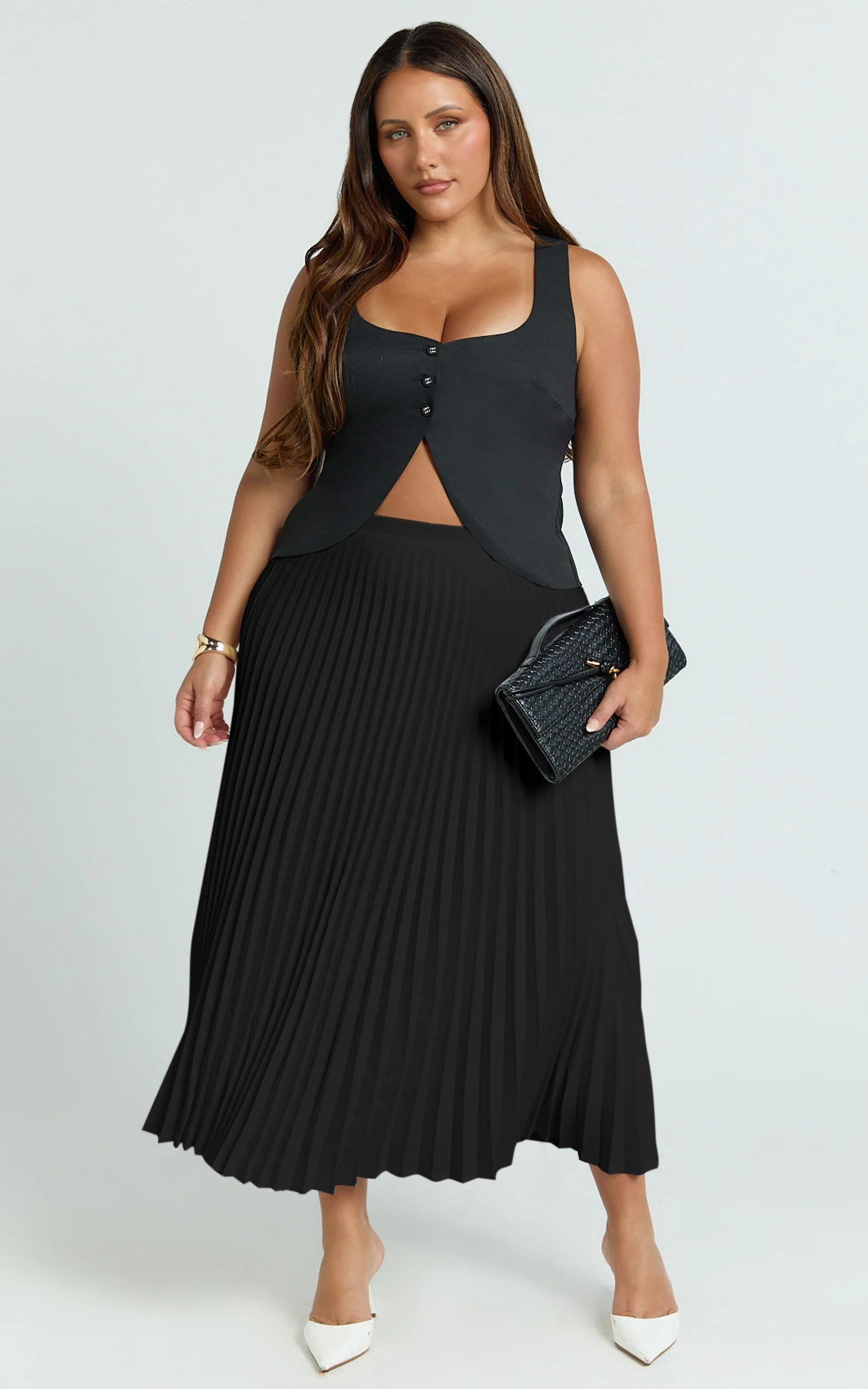 Harlee Midi Skirt - Pleated High Waist A Line Skirt in Black