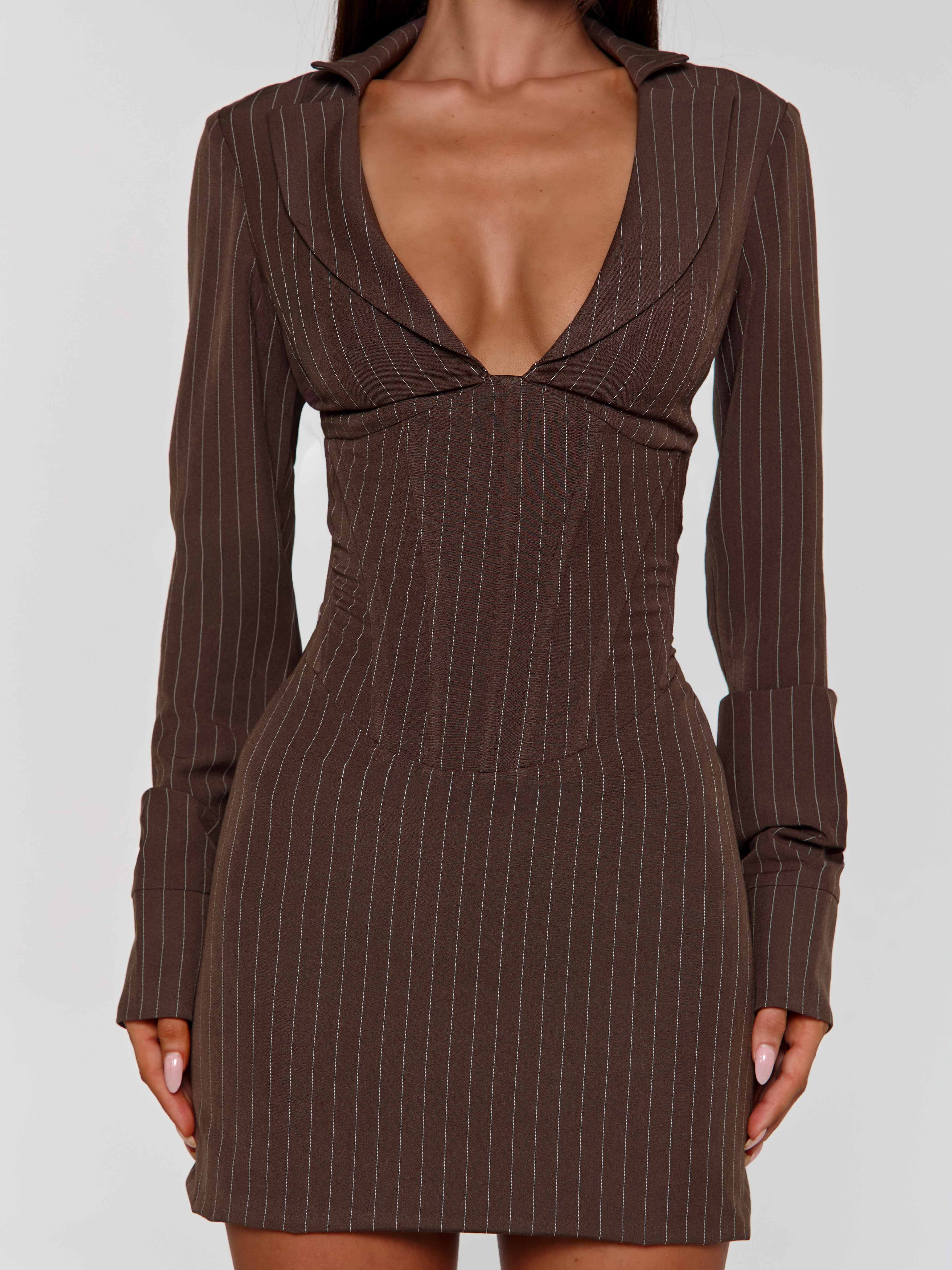 Kessia-Mini-Dress-Brown-Pinstripe