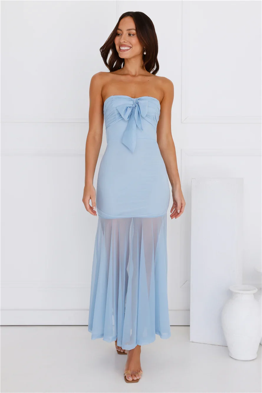 Misty Morning Magic Strapless Mesh Maxi Dress Blue