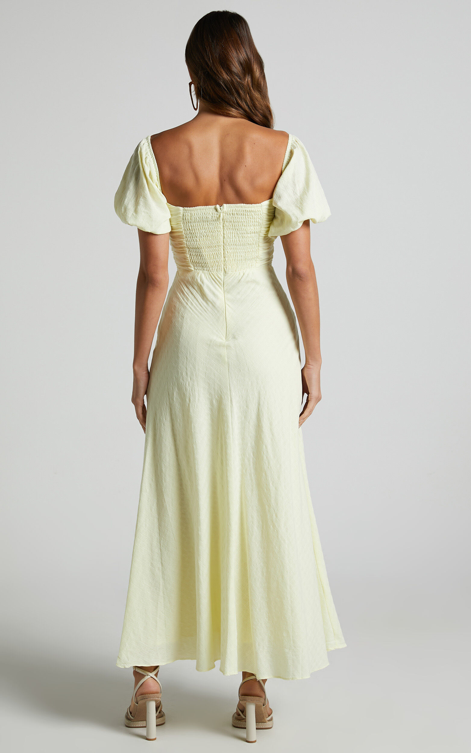 Vynna Midi Dress - Scoop Neck Puff Sleeve Ruched Bust A Line Dress in Butter Yellow