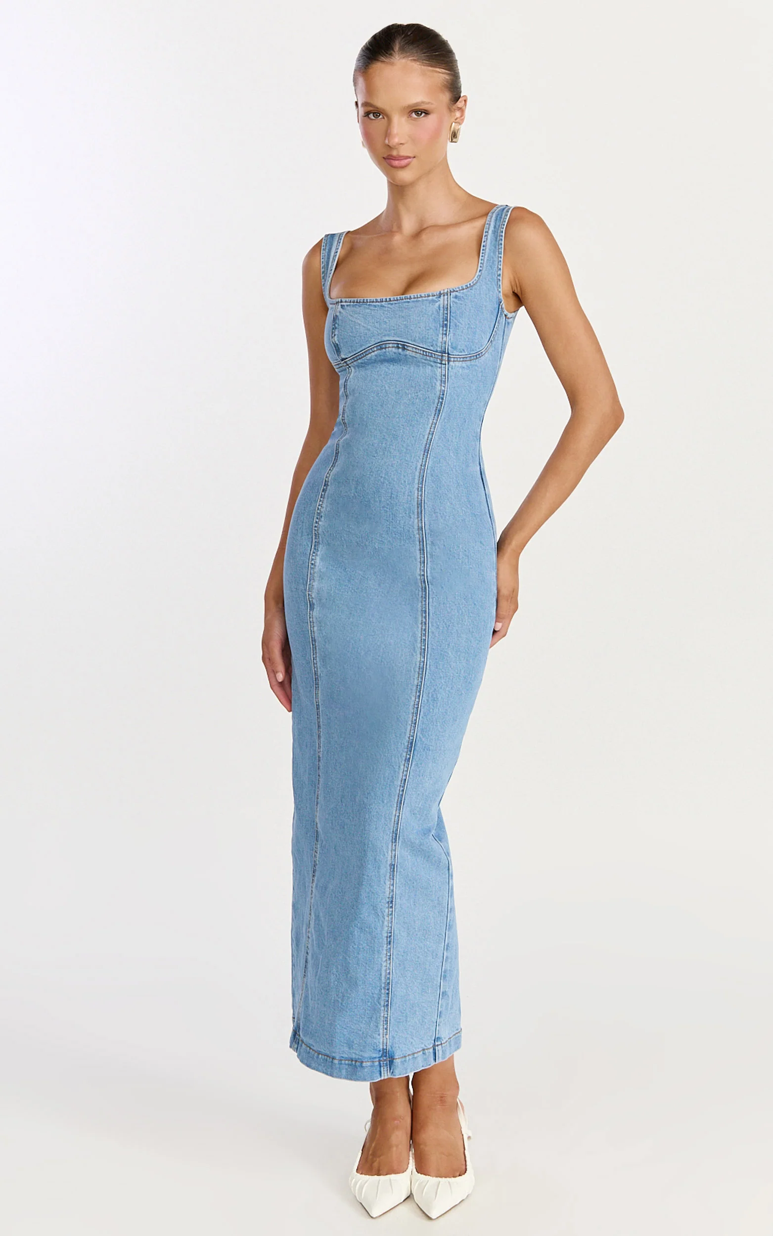 Kristie Midi Dress - Wide Neck Corset Detail Denim Dress in Light Mid Blue
