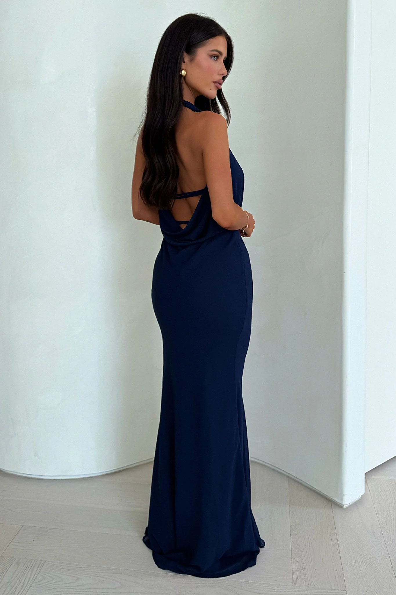 Amedeo Plunge Halter Neck Maxi Dress - Navy