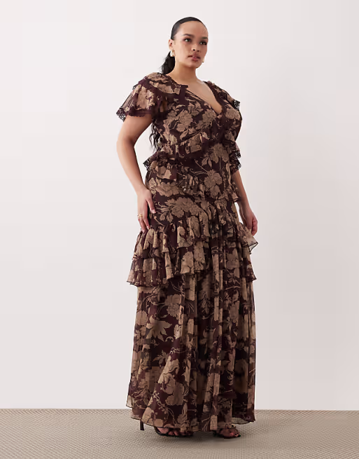 Curve full hem ruffle maxi dress with lace trim detailing and open back in brown floral