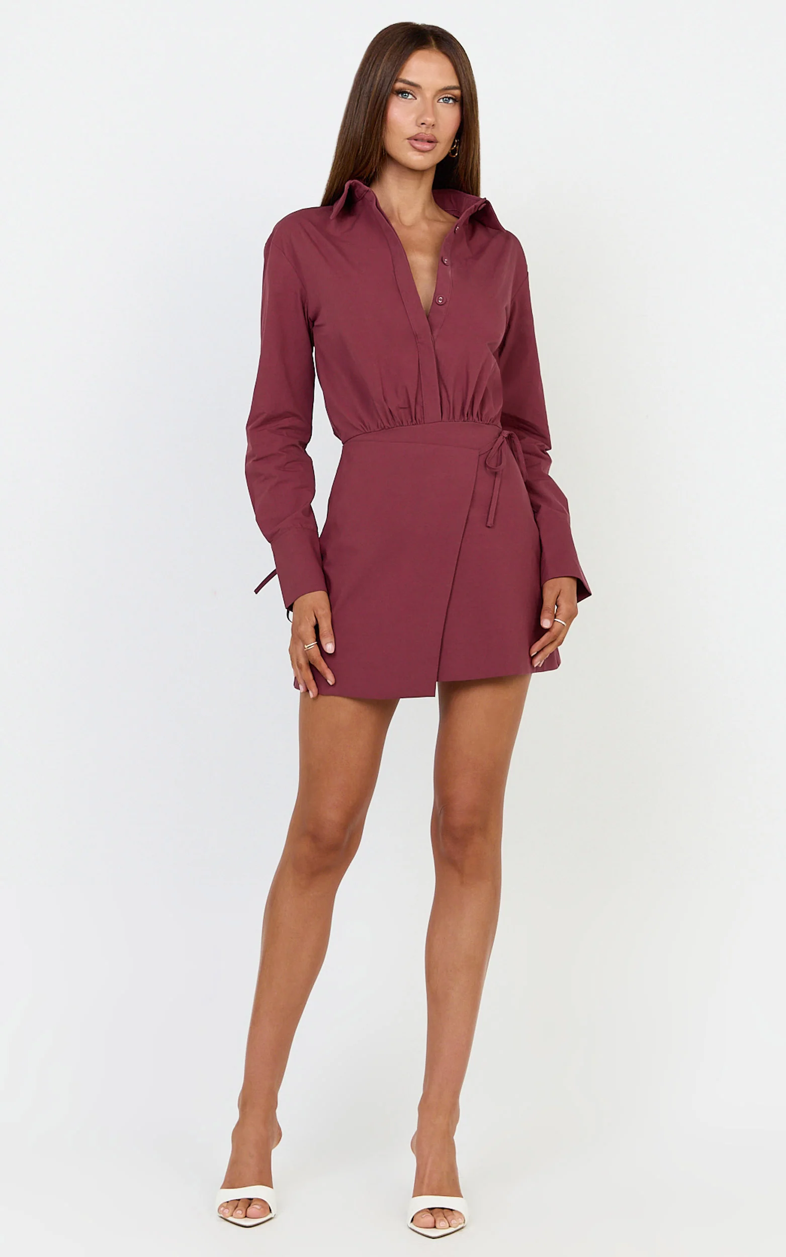 Heath Mini Dress - Collared Button Up Shirt Dress in Wine