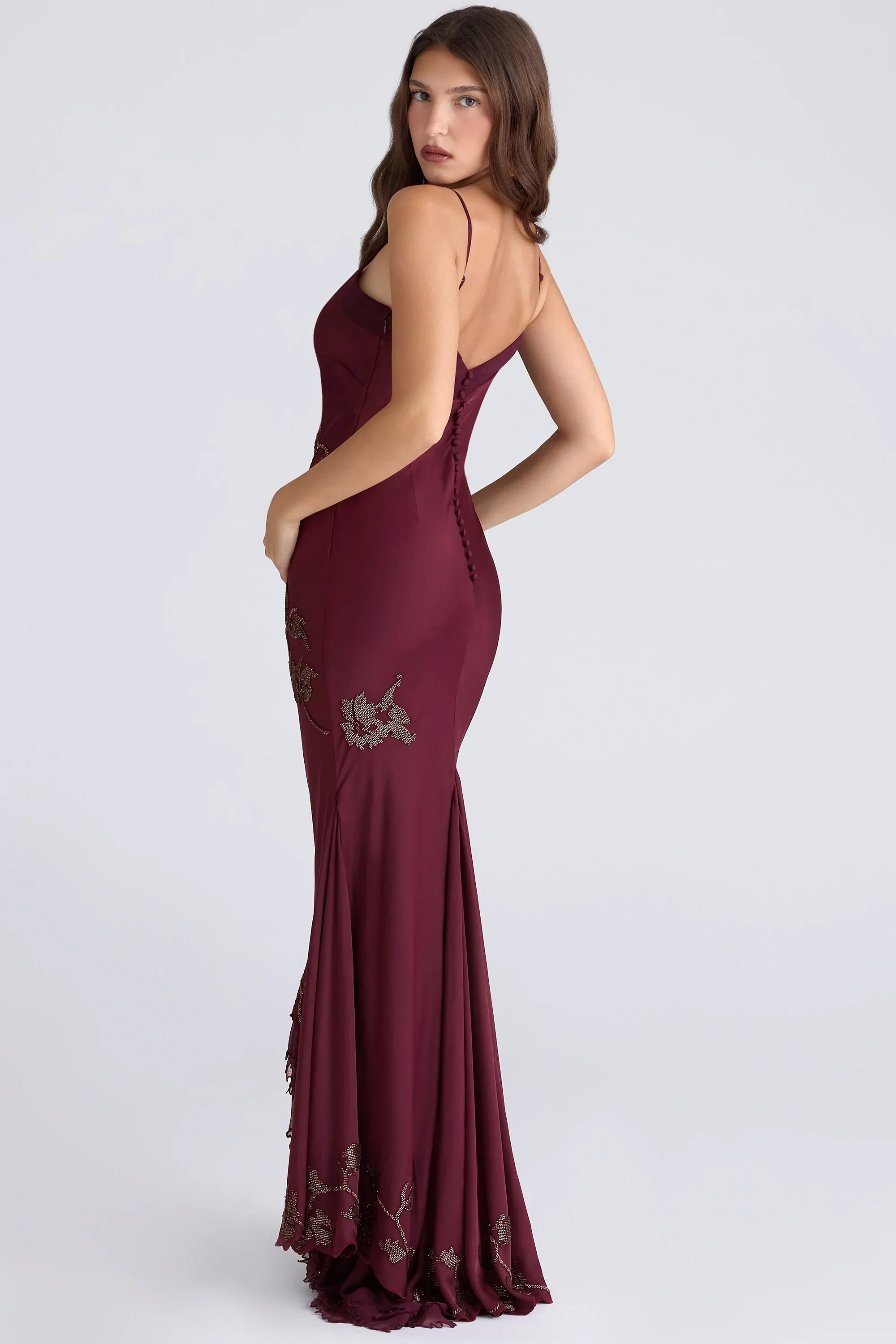 plum hand beaded embellished satin maxi gown - limited edition