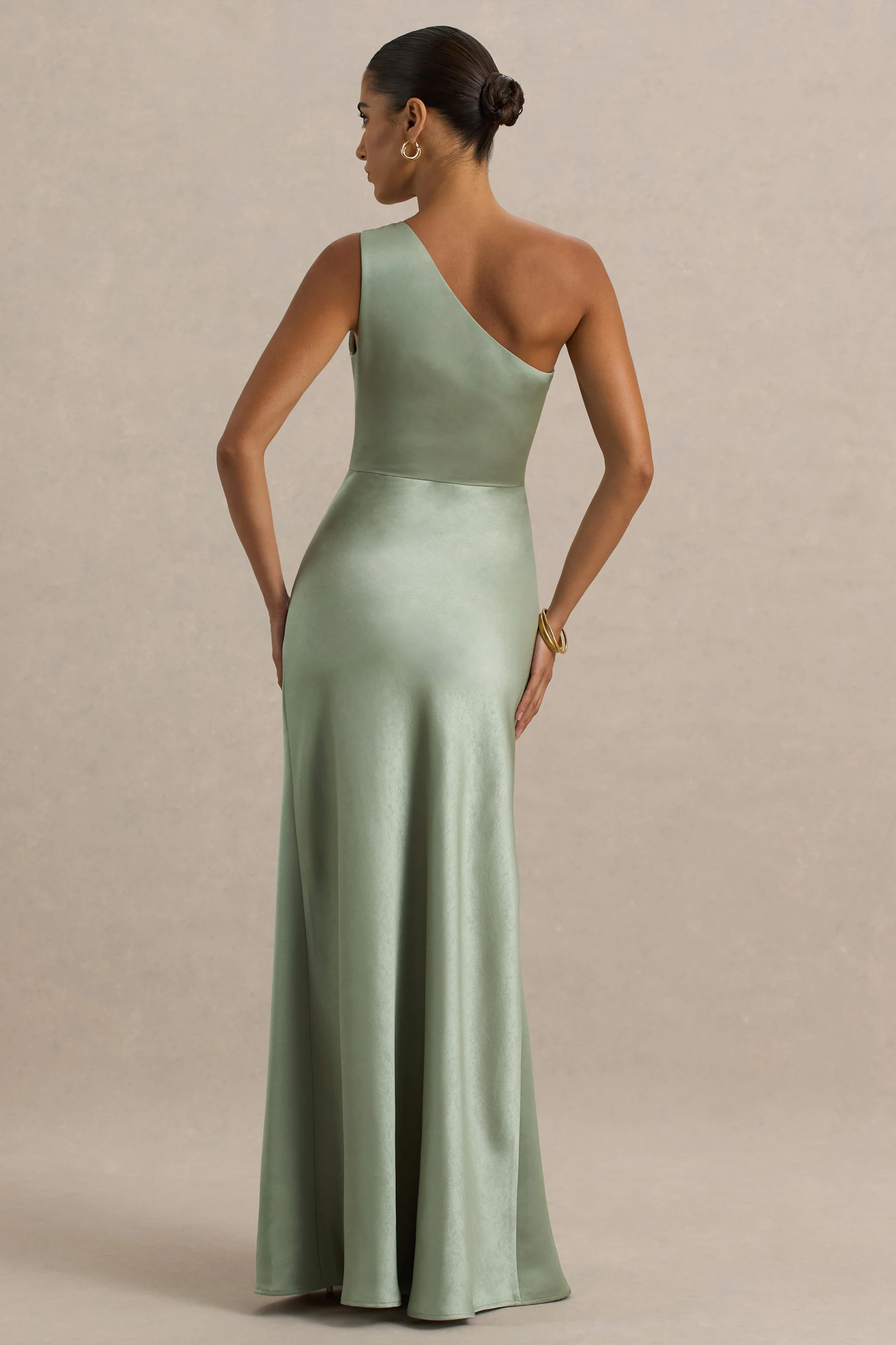 Beth | Sage Asymmetric Neckline High-Split Maxi Dress