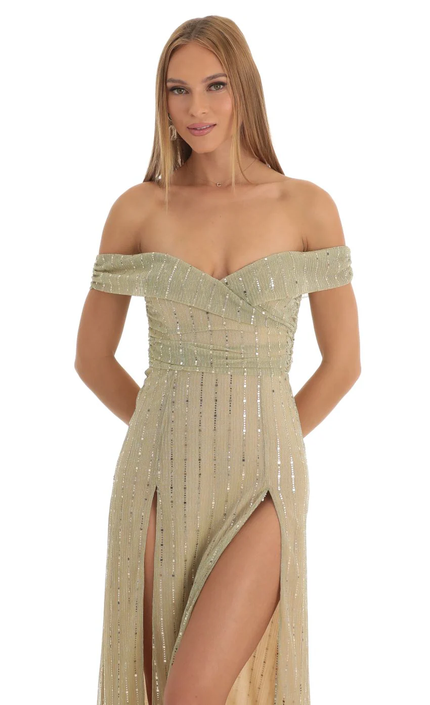 Sequin Striped Off The Shoulder Maxi Dress in Gold - luluinthesky