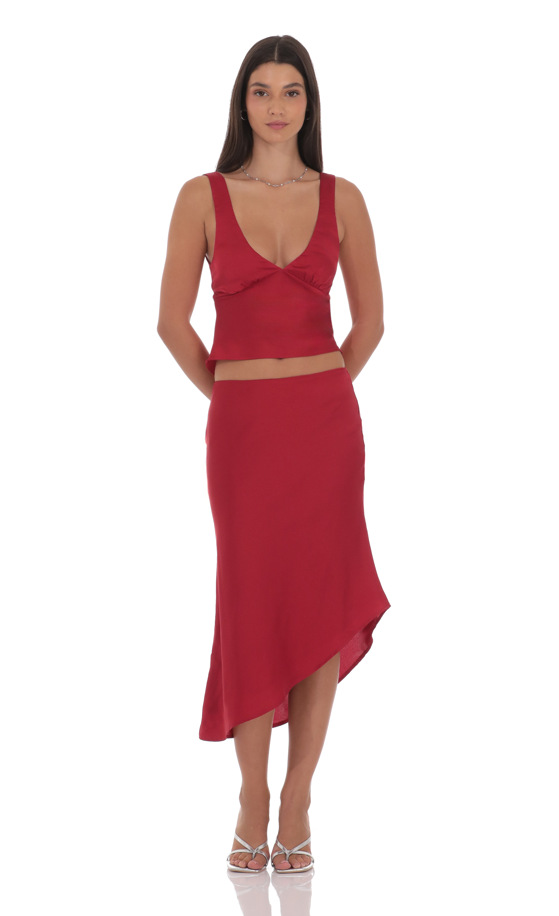 Satin V-Neck Top in Red - luluinthesky