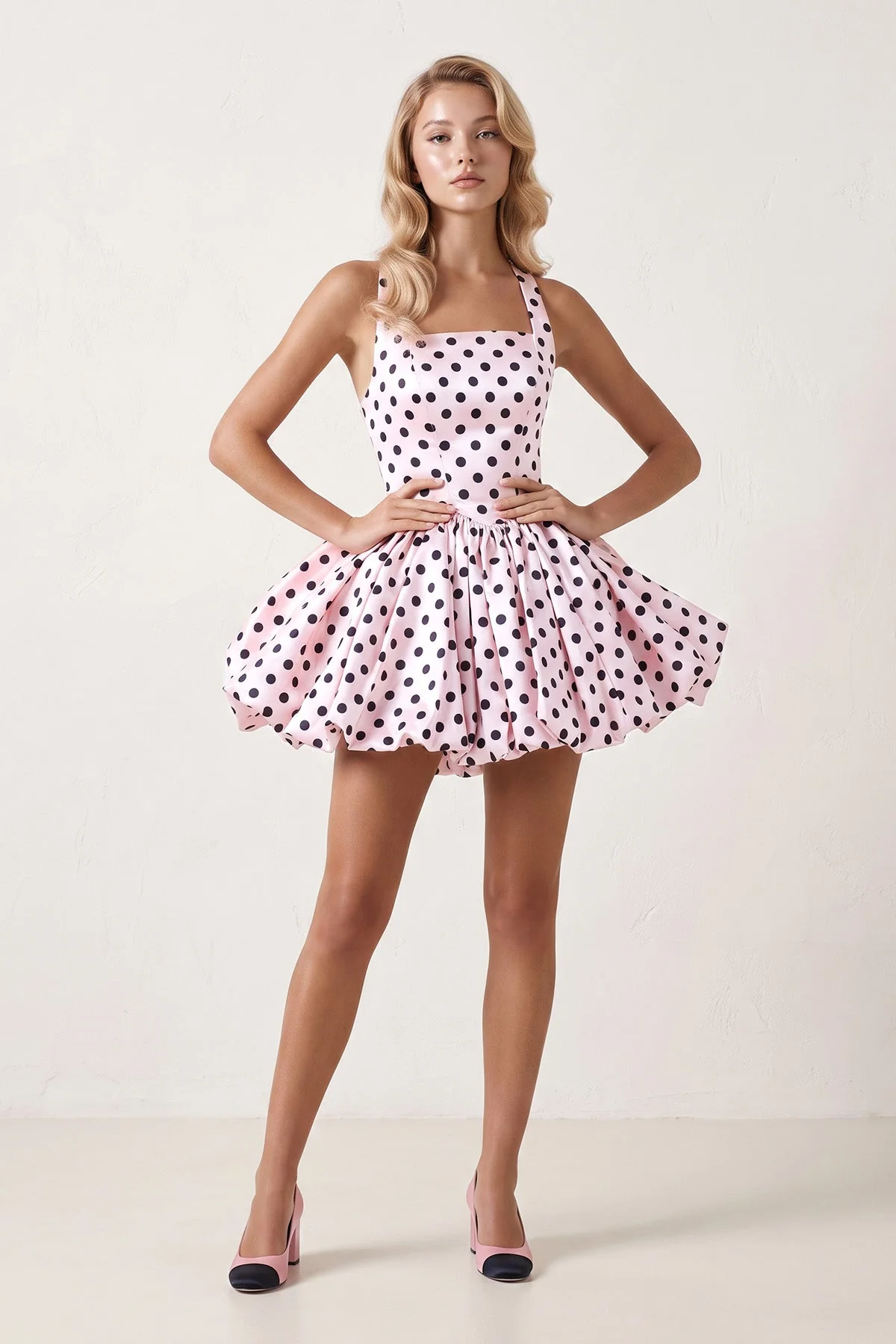Pink Polka Dots Halter Satin Bubble Hem A-Line Homecoming Dress