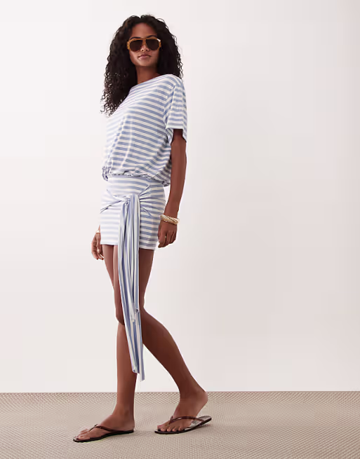 T-shirt mini dress with tie detail in light blue and white stripes