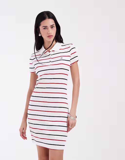 Tommy Jeans rib bodycon polo dress in navy/red stripe