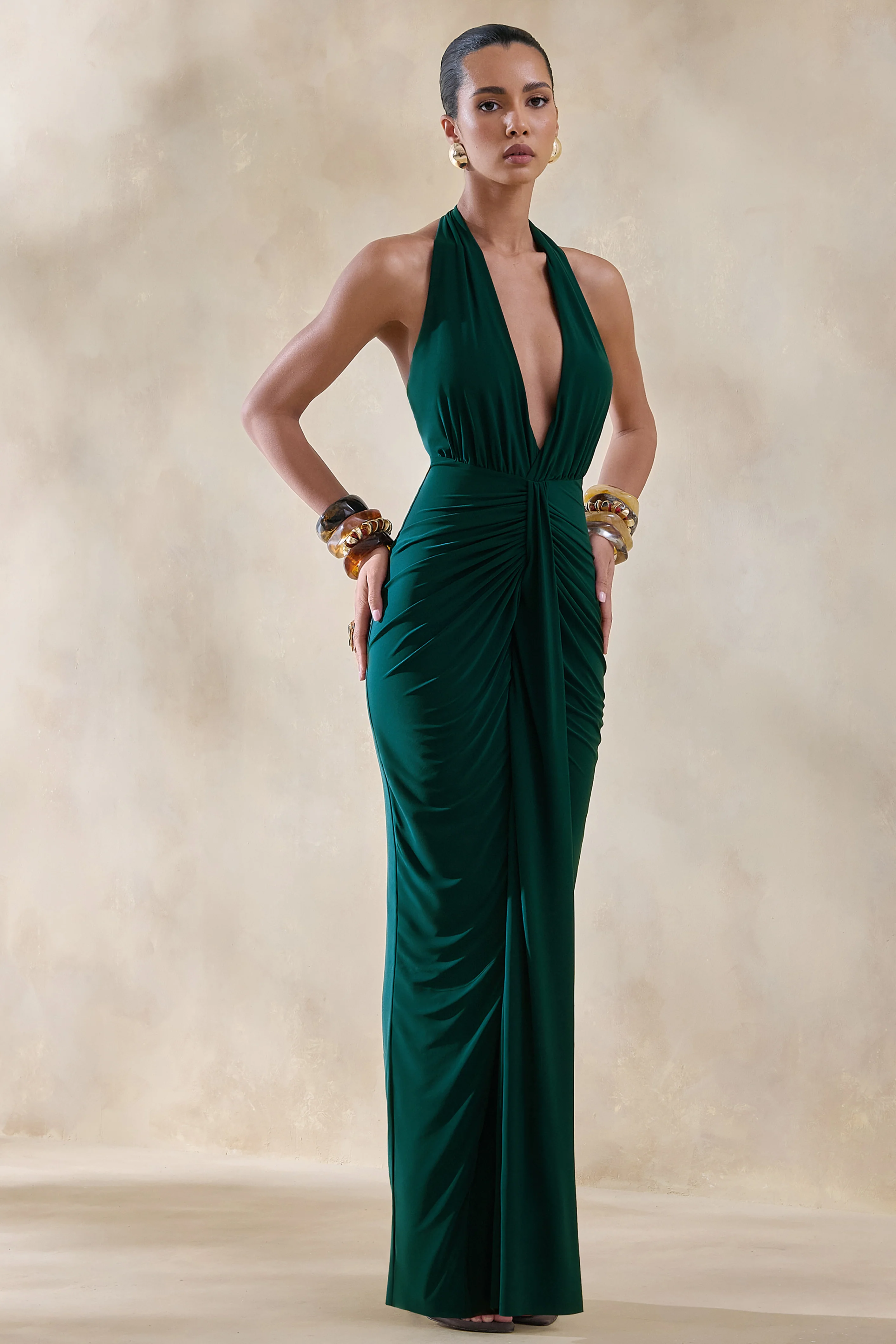 Lesley | Bottle Green Plunge-Neck Maxi Dress