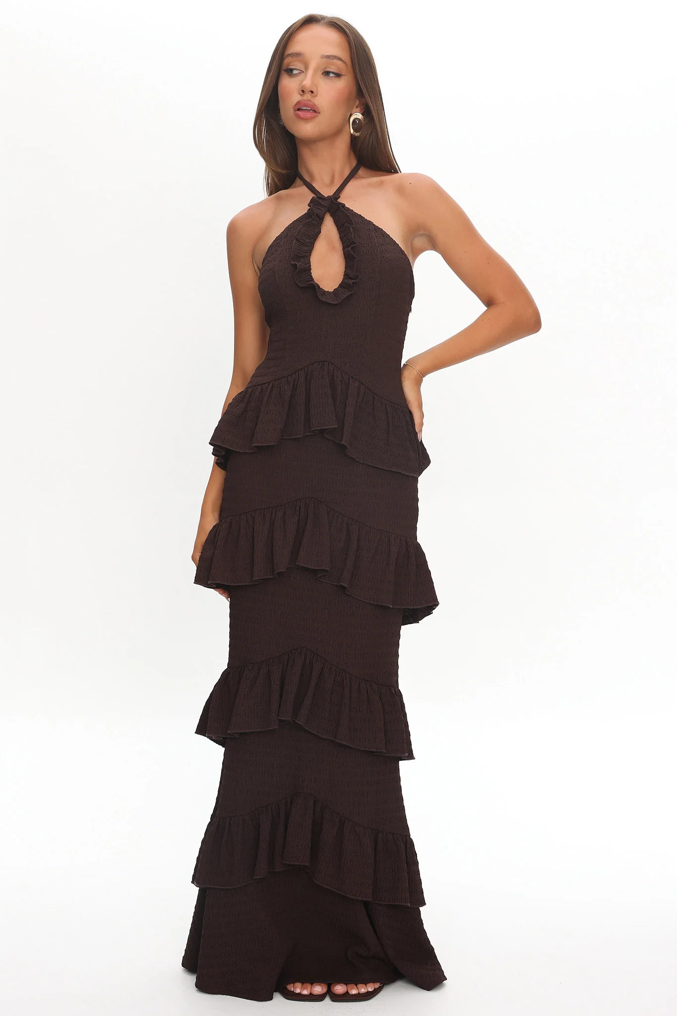 Dulce Dreams Halterneck Frill Maxi Dress Chocolate