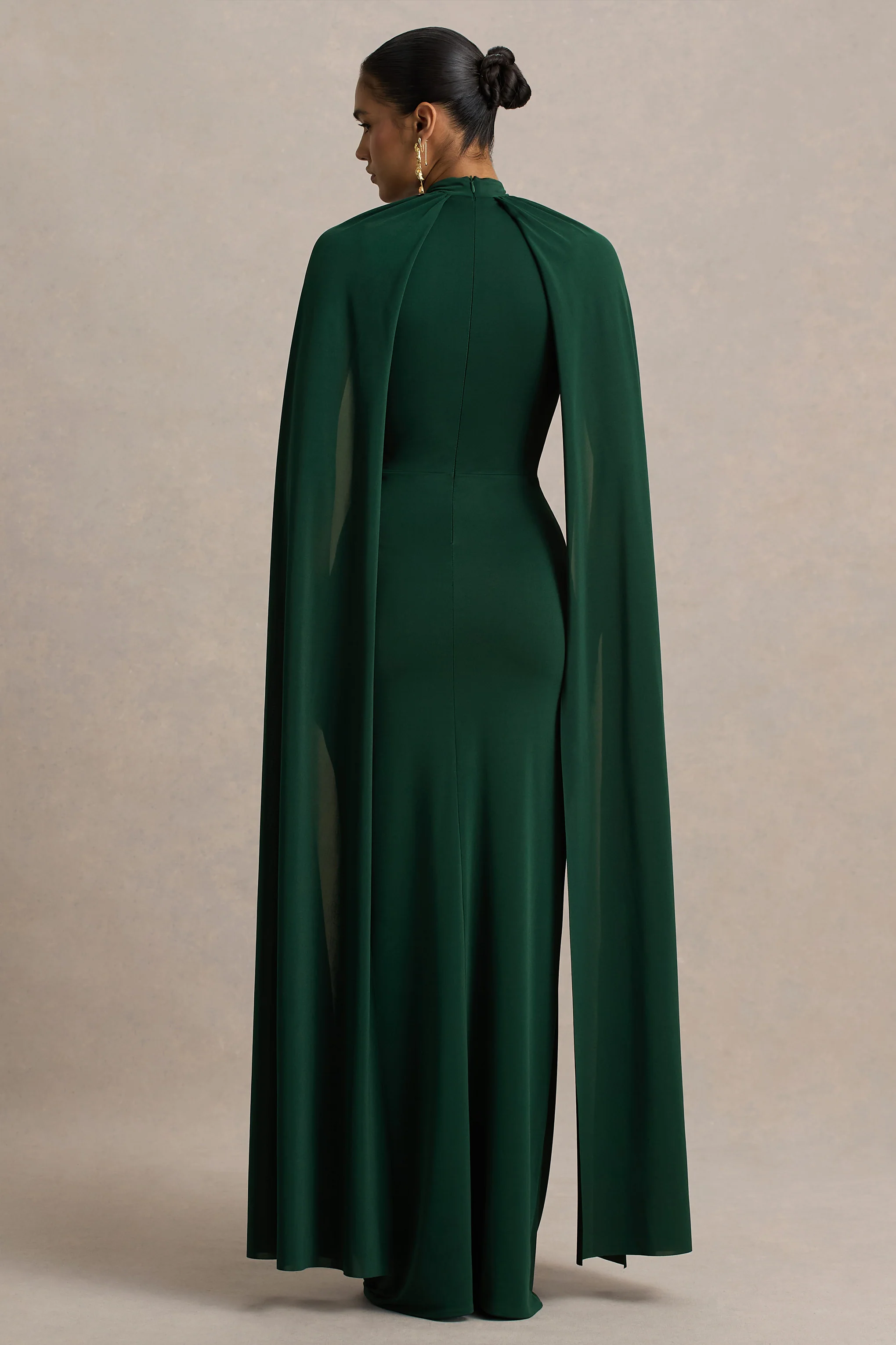 Darielle | Bottle Green High-Neck Cape-Sleeve Maxi Dress
