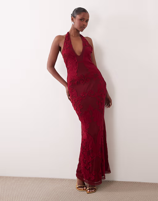 Premium embroidered applique scoop halter maxi dress in red