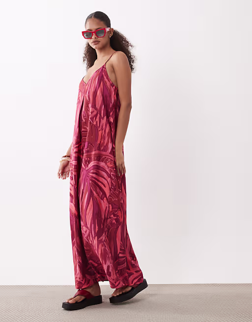 VILA cami maxi dress with crossed straps in red tropical print