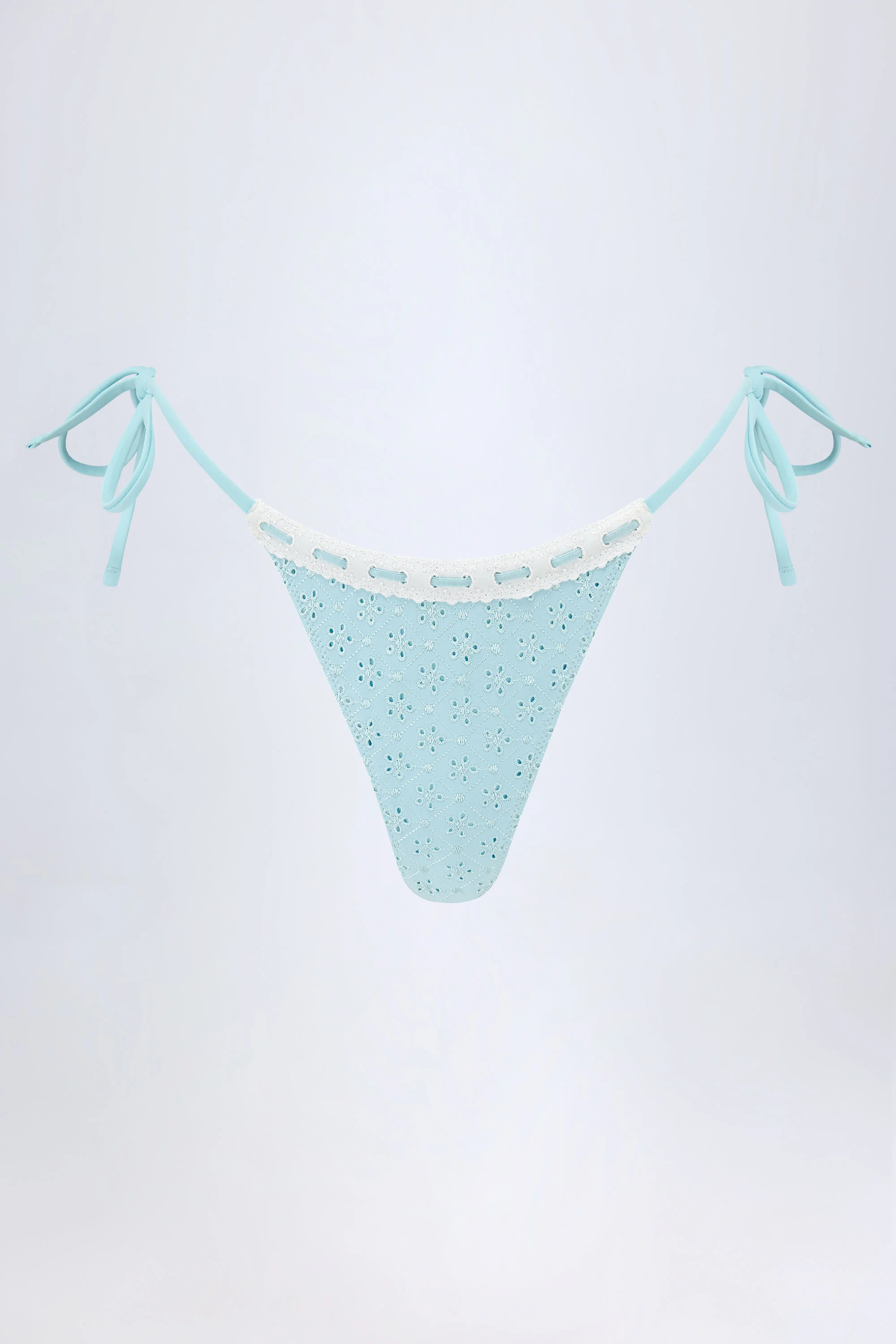 Broderie Anglaise Side-Tie Thong Bikini Bottoms in Powder Blue
