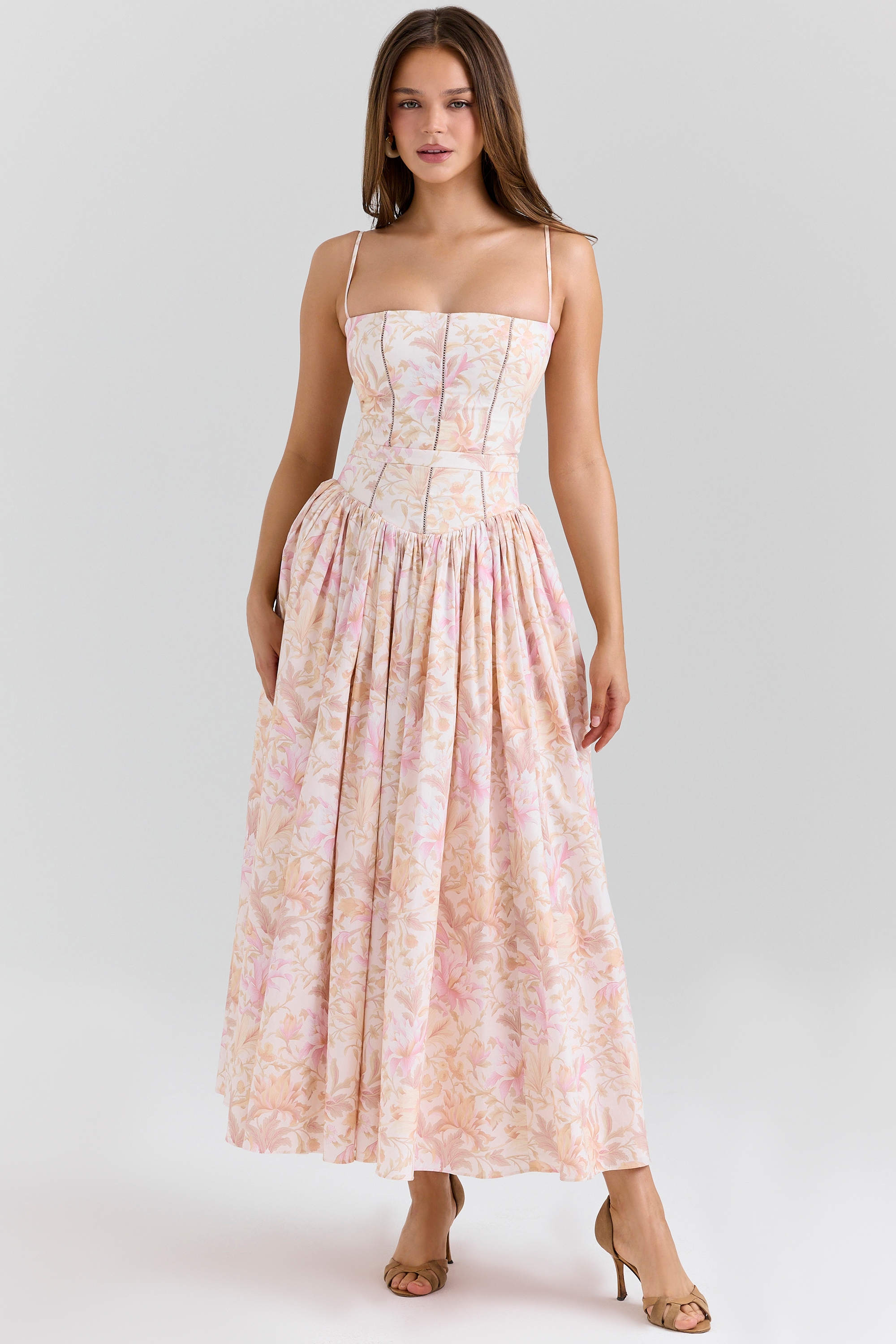 peach floral print stretch cotton midi sundress