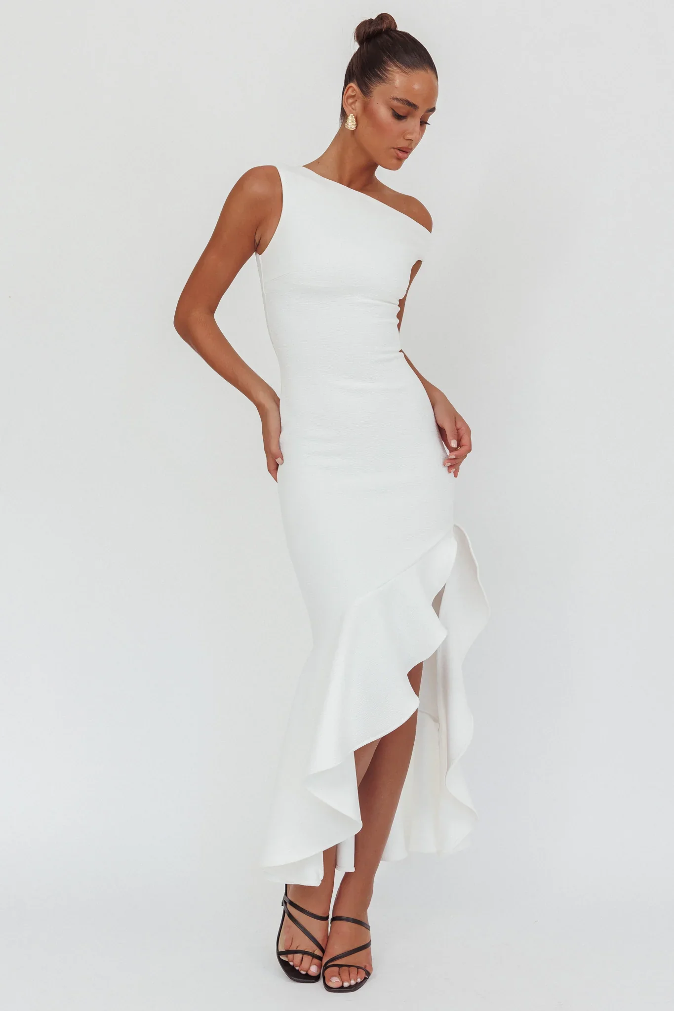 Lights On One-Shoulder Ruffle Hem Maxi Dress White