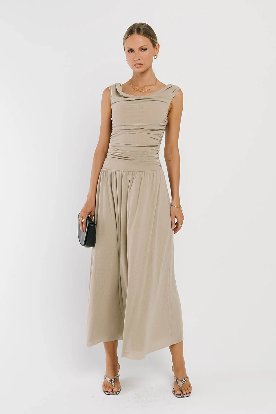 Luna Ruched Maxi Dress in Taupe