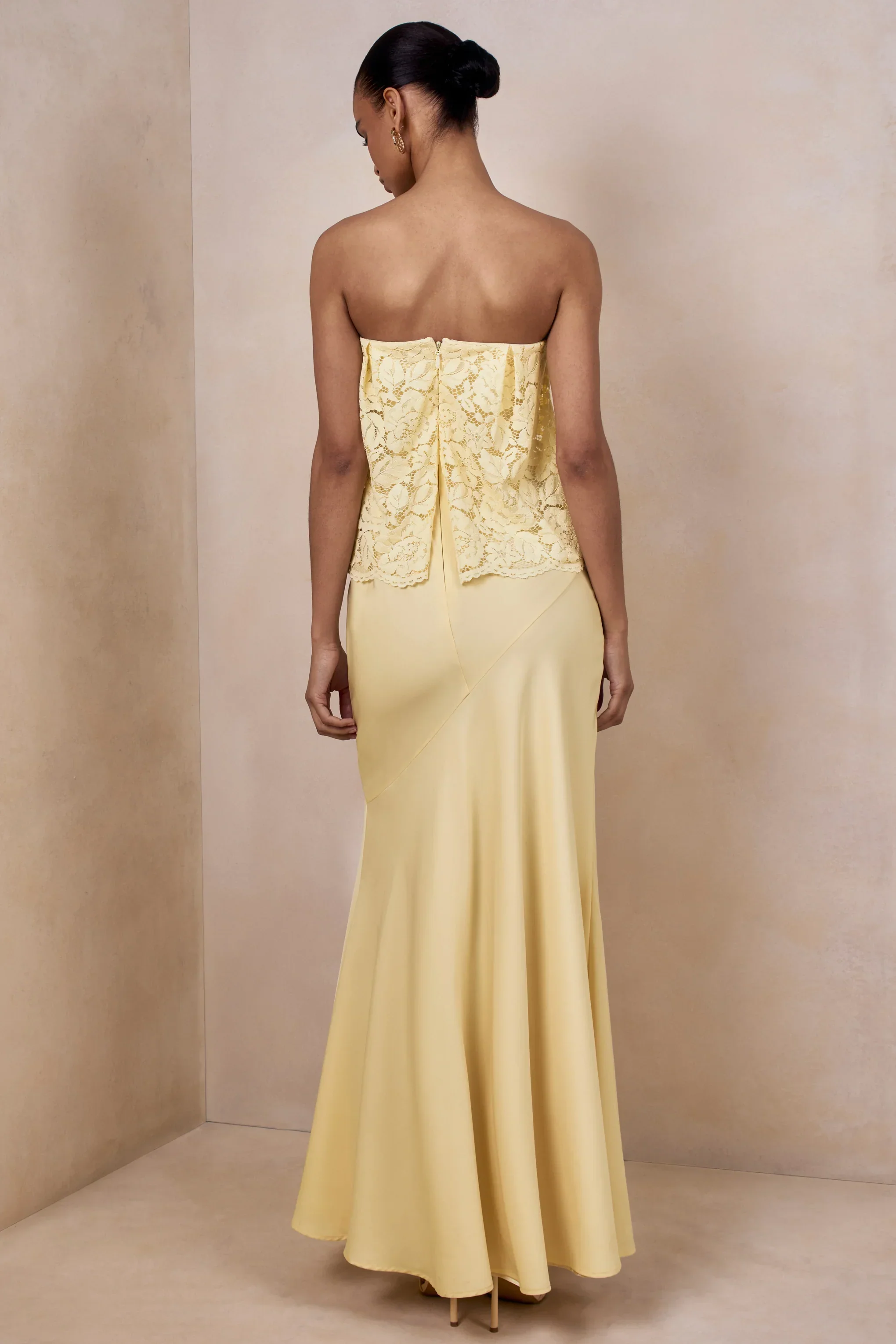 Clemency | Lemon Lace And Satin Bandeau Maxi Dress