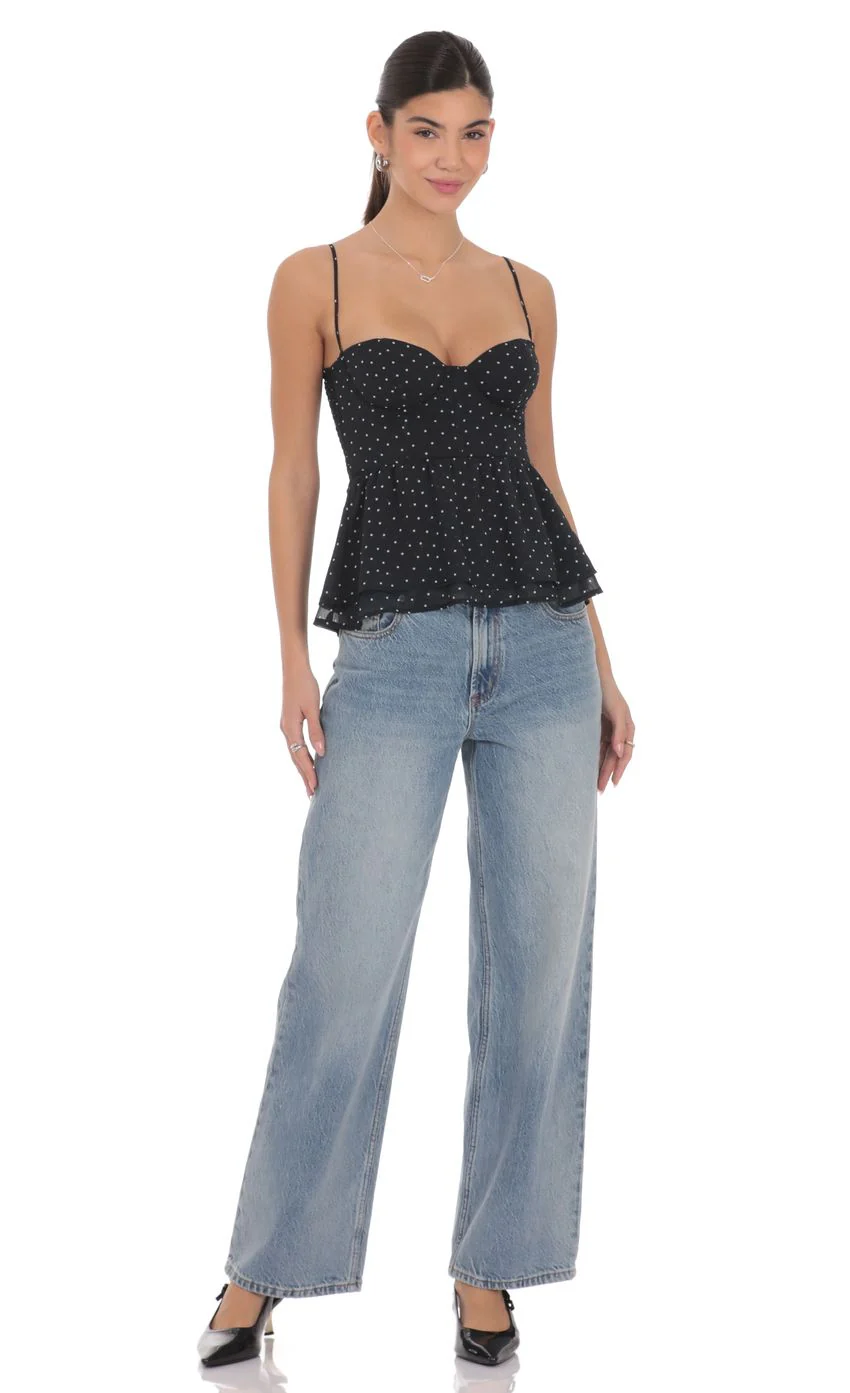 Polka Dot Peplum Top in Black - luluinthesky