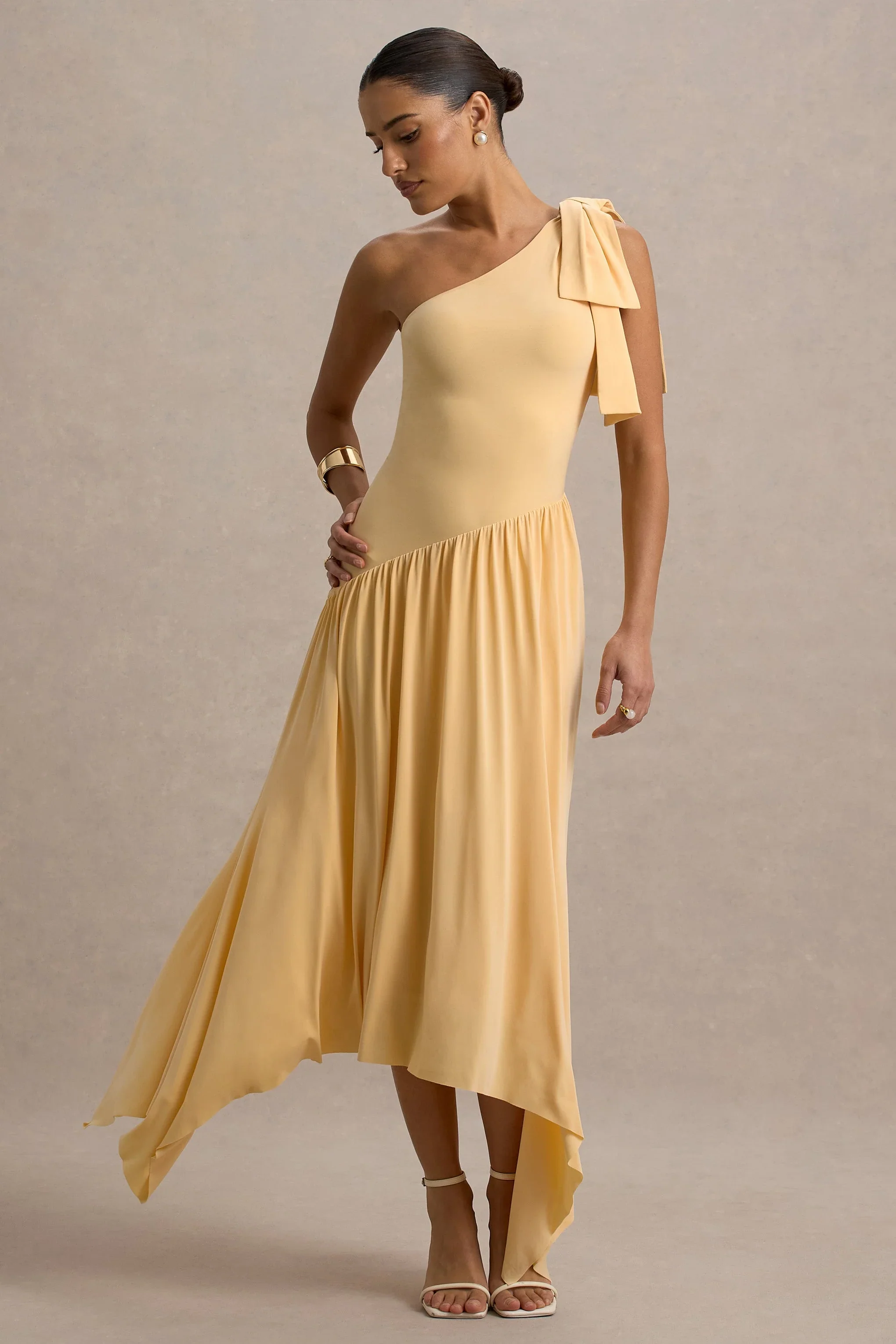 Lotus Love | Orange One-Shoulder Hanky-Hem Maxi Dress With Bow