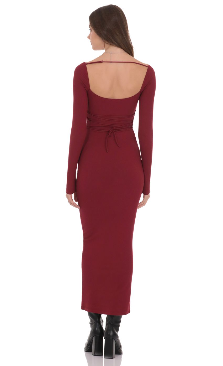 Cinch-Tie Ribbed Maxi Dress in Burgundy