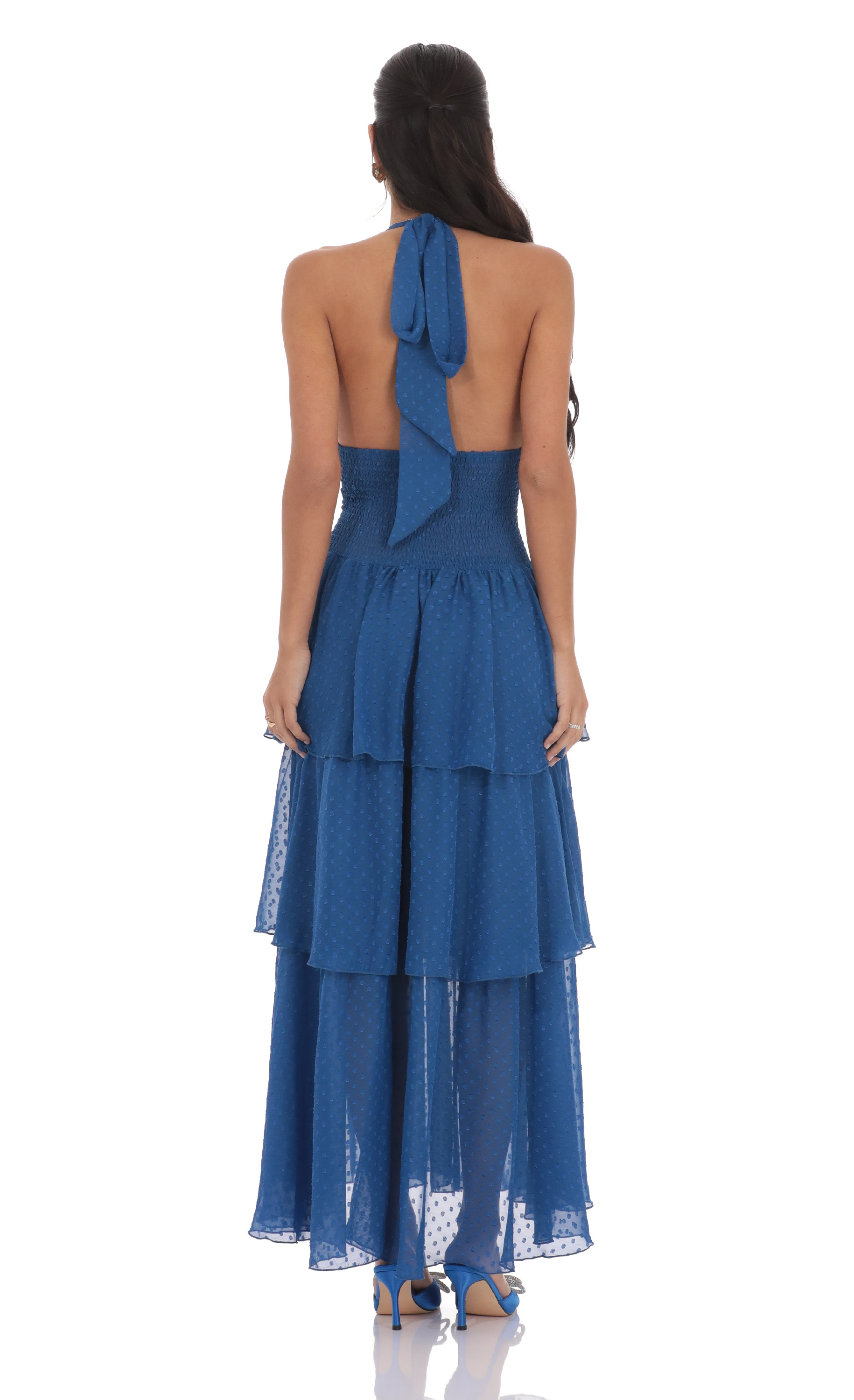 Dotted Smocked Halter Maxi Dress in Blue