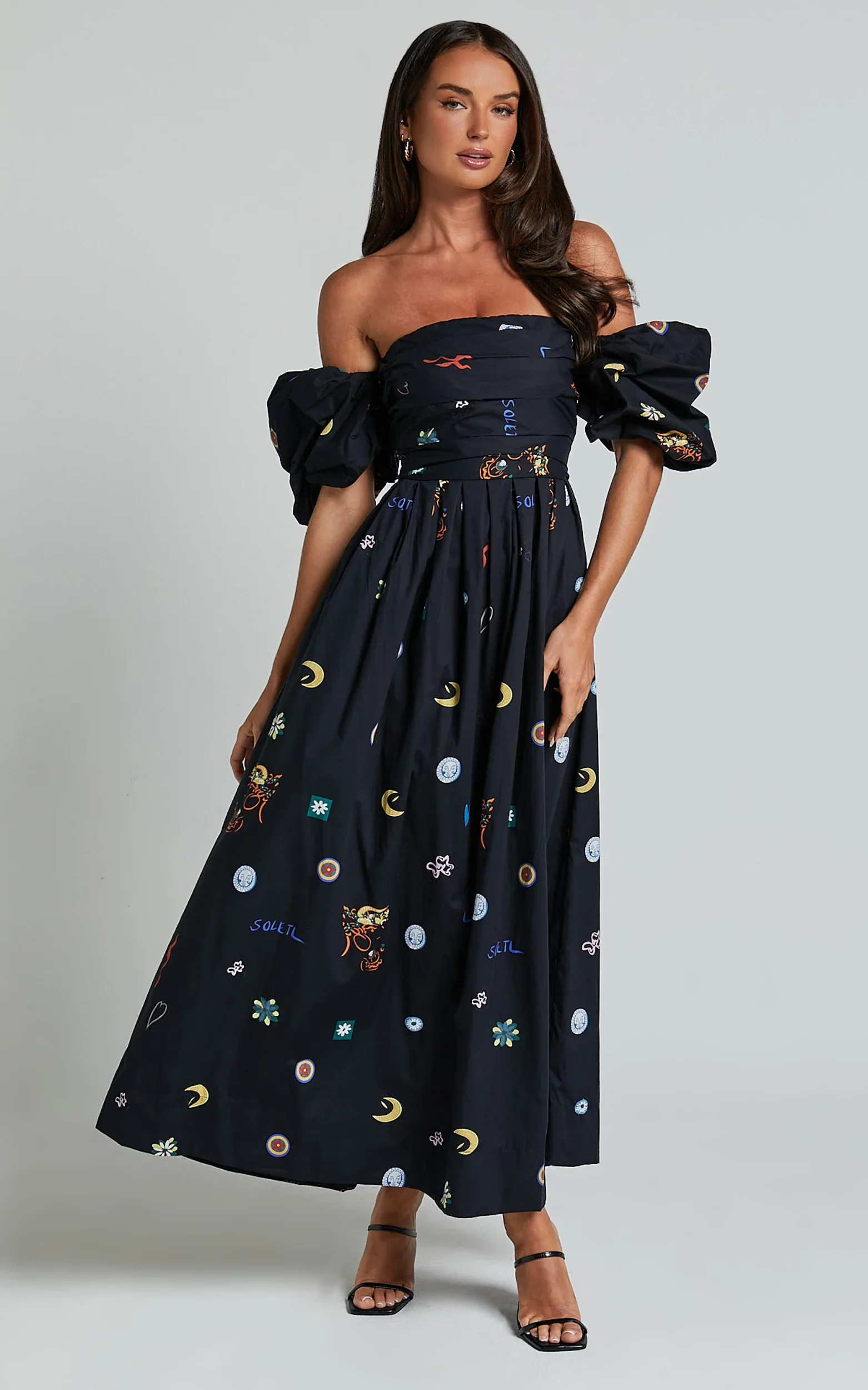 Brianna Midi Dress - Off Shoulder Dress in Black Print