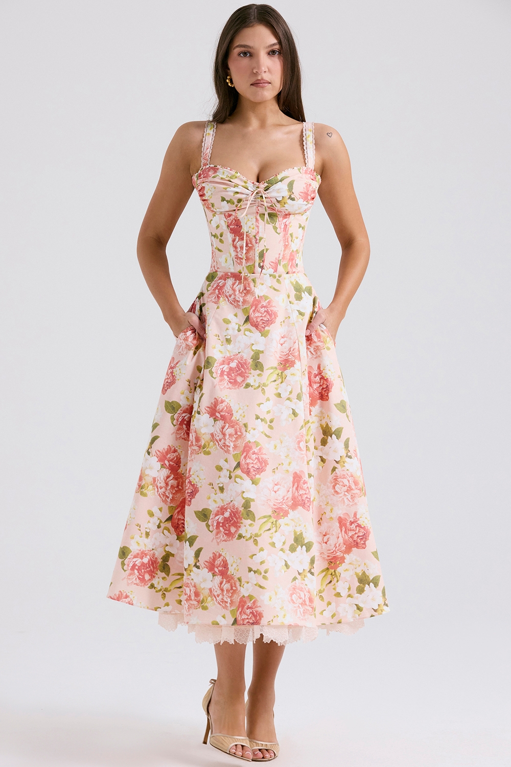 pink peony print cotton bustier sundress