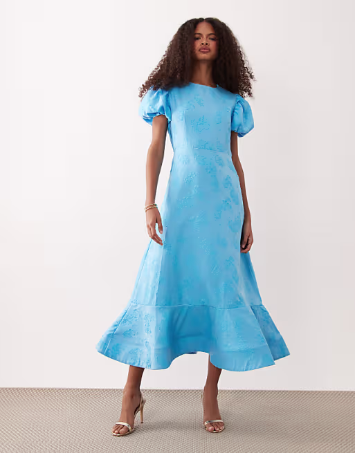 Sister Jane exclusive jacquard puff sleeve structured hem midi dress in light blue