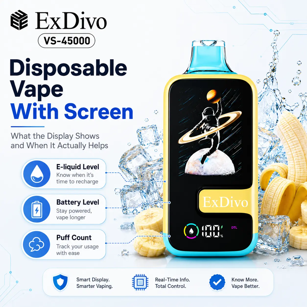 Disposable vape with screen showing key display features for battery level, e-liquid level, and puff count