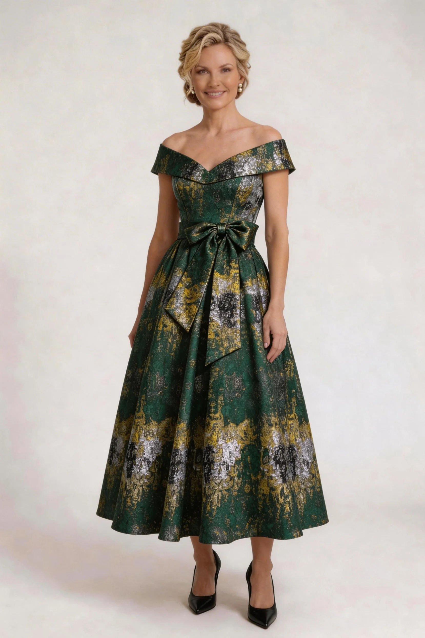 A-Line Tea-Length Jacquard Mother of the Bride Dress CM0427