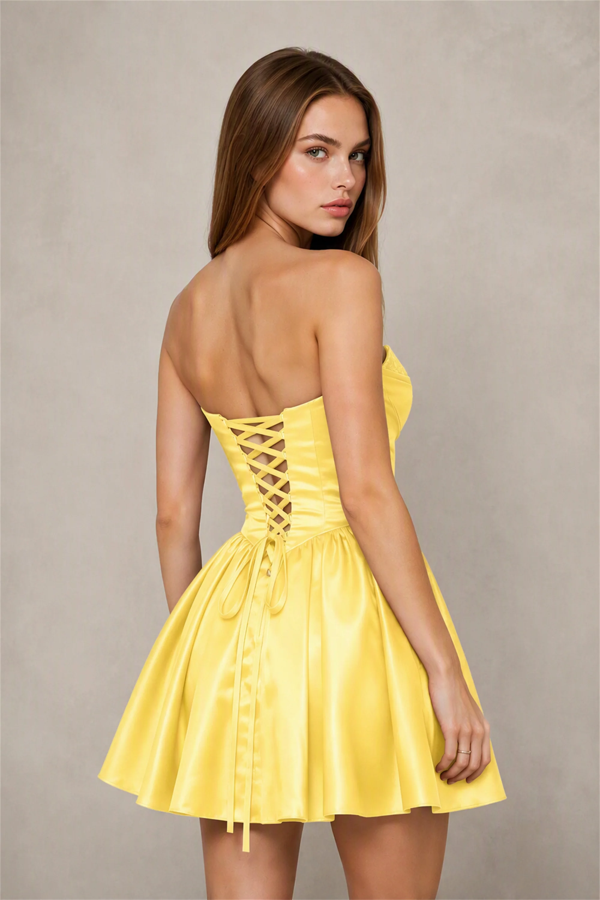 BOLODOO Yellow Satin Sequin Sweetheart Strapless Corset Lace-Up Back A-Line Mini Dress | Prom Cocktail Homecoming Dress