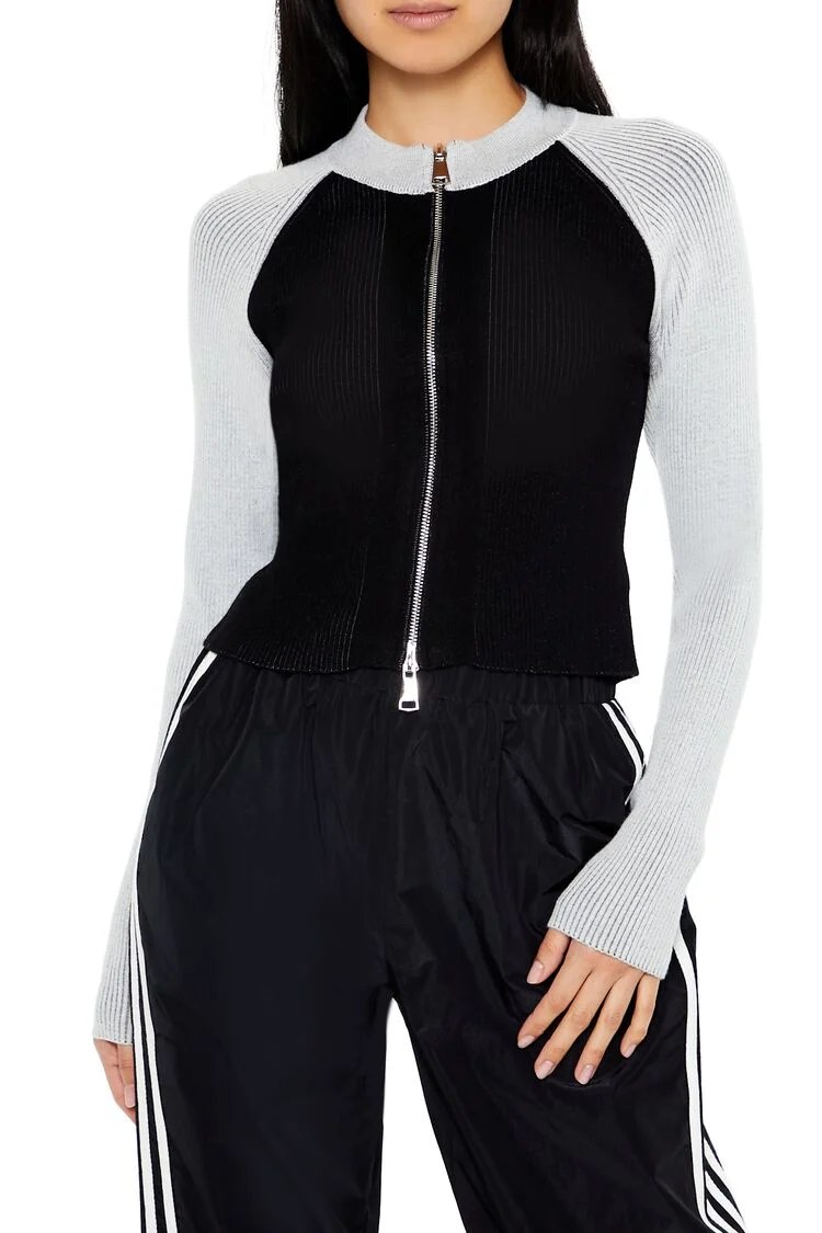 Two-Tone Raglan Zip-Up Sweater