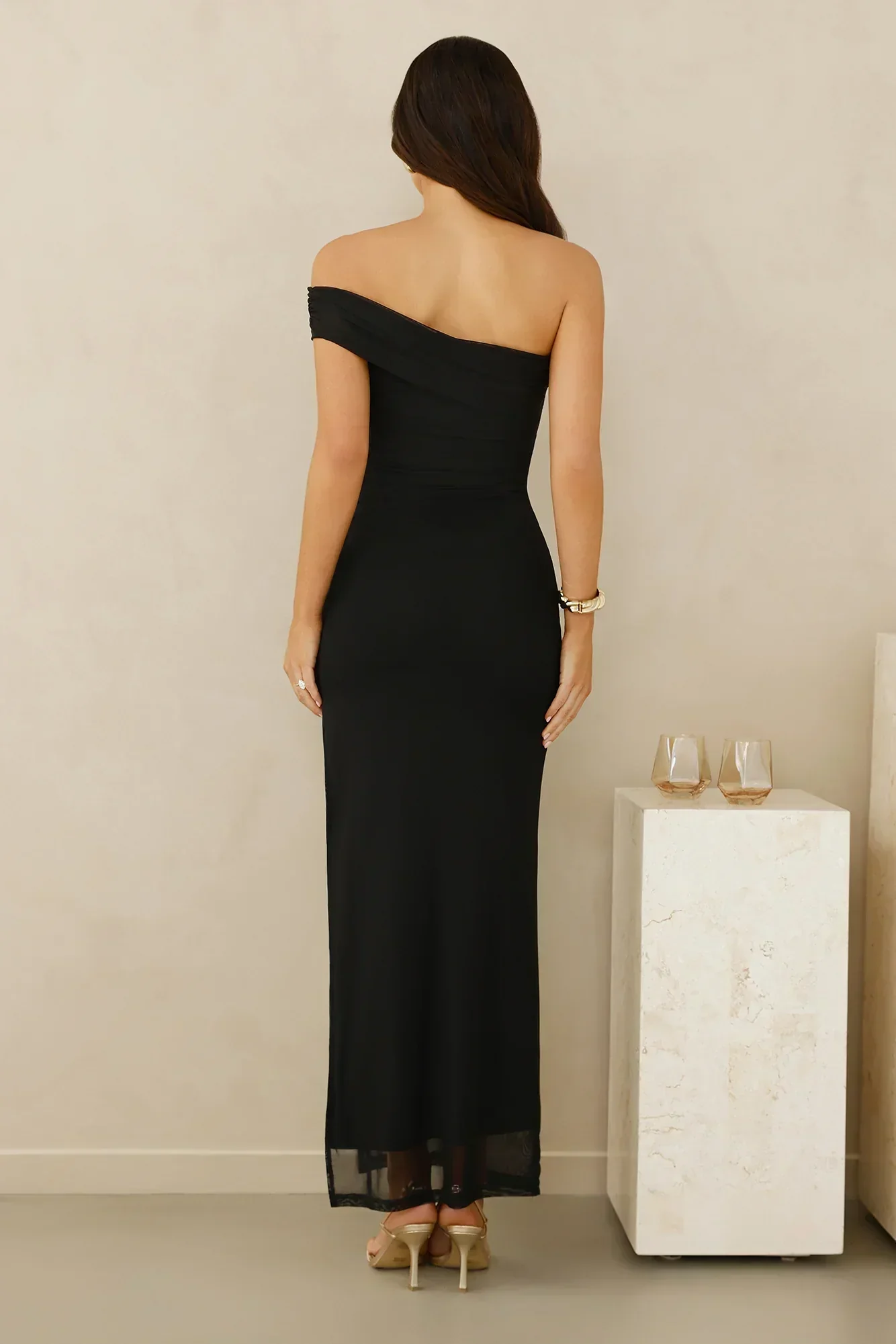 Berry Fresh Mesh One Shoulder Maxi Dress Black