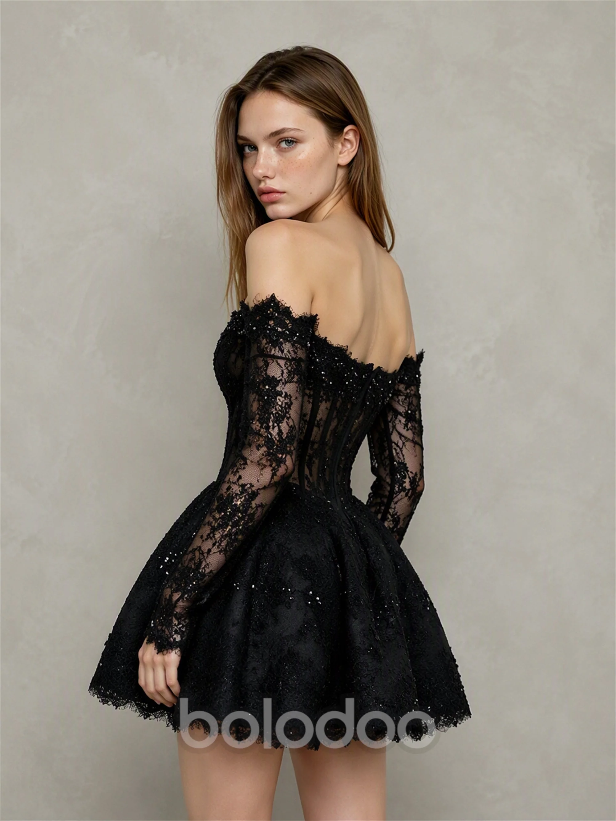 BOLODOO Black Off-Shoulder Long Sleeve Sheer Lace Sequin Corset A-Line Mini Dress | Open Back Cocktail Party Dress
