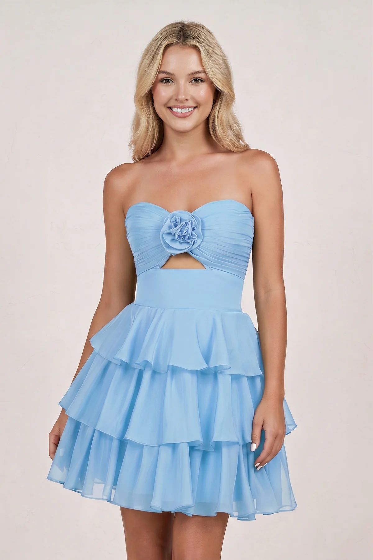 Fuchsia Strapless A Line Chiffon Ruffles Homecoming Dresses With Flower