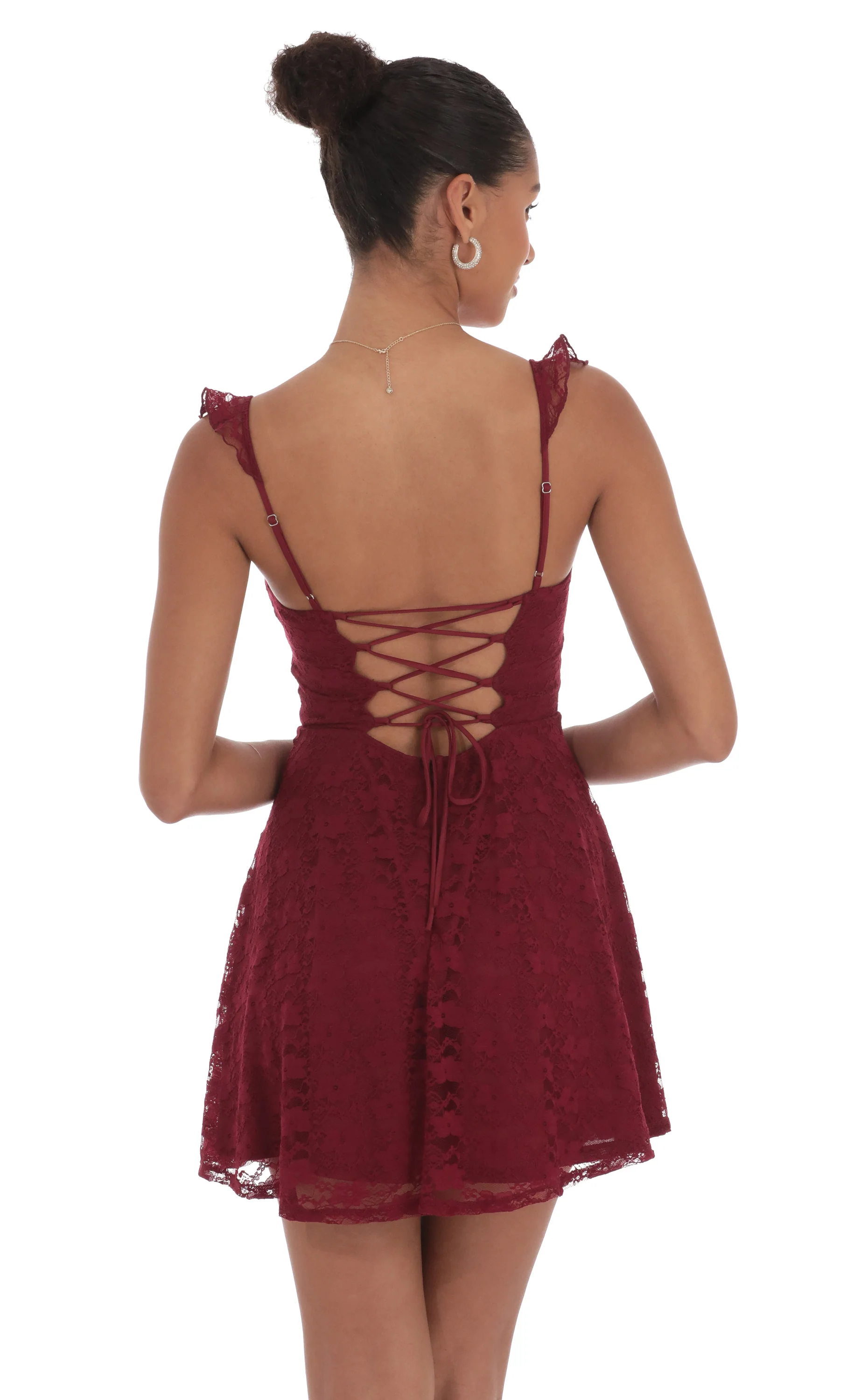 Lace Ruffle Strap A-Line Dress in Burgundy