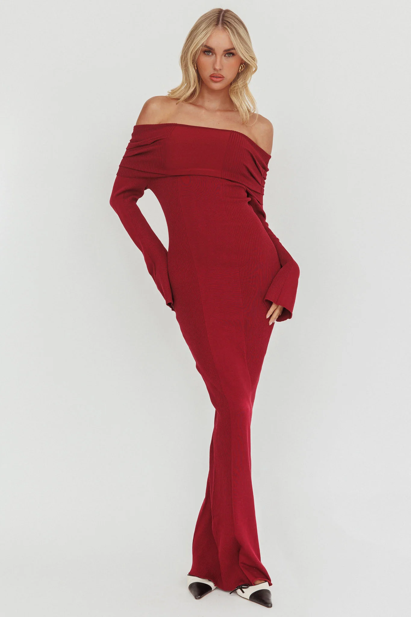 Aloura Off-Shoulder Ribbed Knit Maxi Dress Wine - luluinthesky