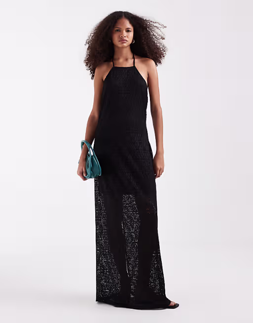 Vero Moda stretch lace halter maxi dress in black