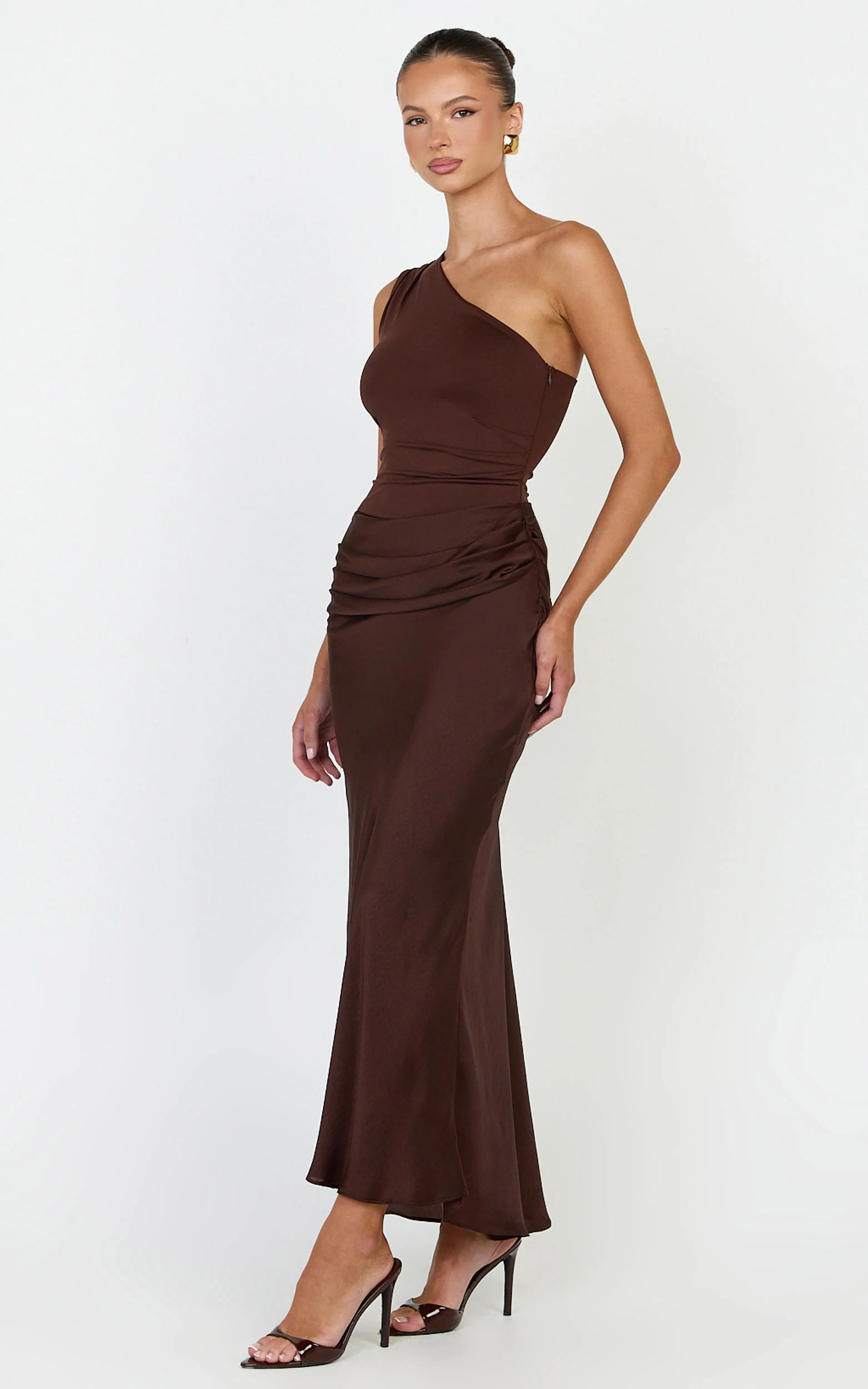 Astrid Midi Dress - One Shoulder Contrast Satin Dress in Chocolate
