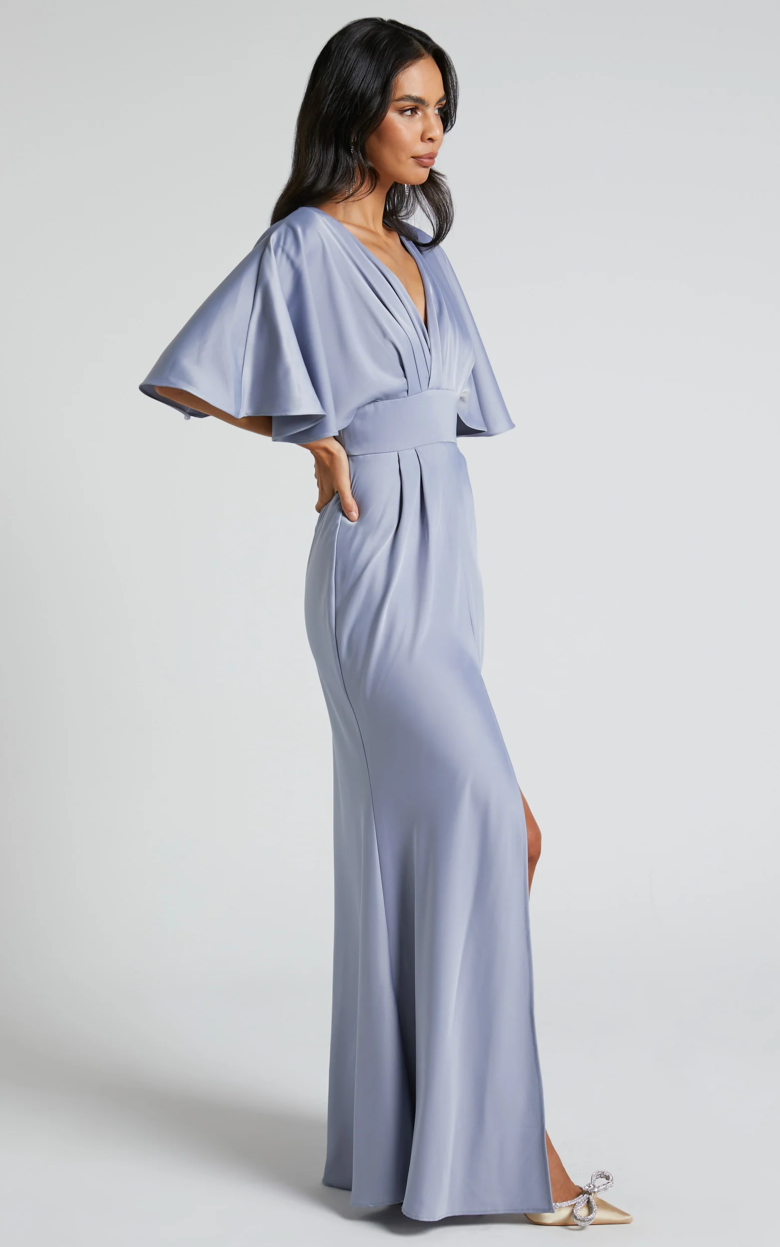 Gemalyn Midi Dress - Angel Sleeve V Neck Split Dress in Sky Blue